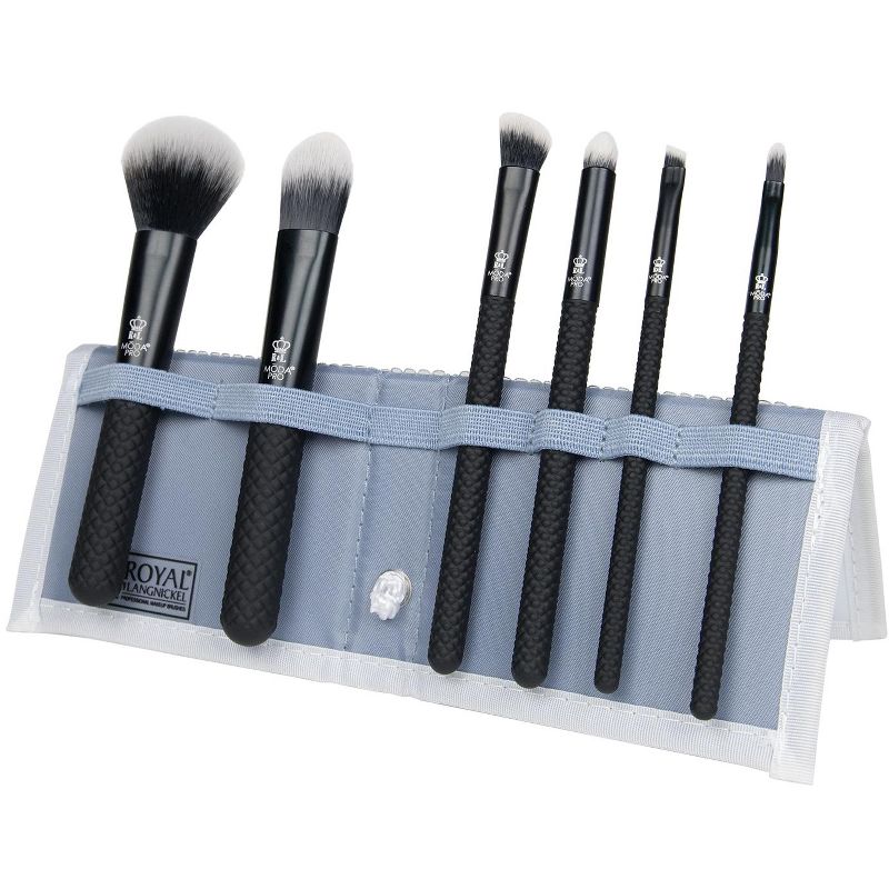 MODA Brush Pro 7pc Total Face Black Tavel Sized Makeup Brush Set with Travel Flip Case, Includes - Powder, Foundation, Angle Shader, and Brow/Liner Brushes
