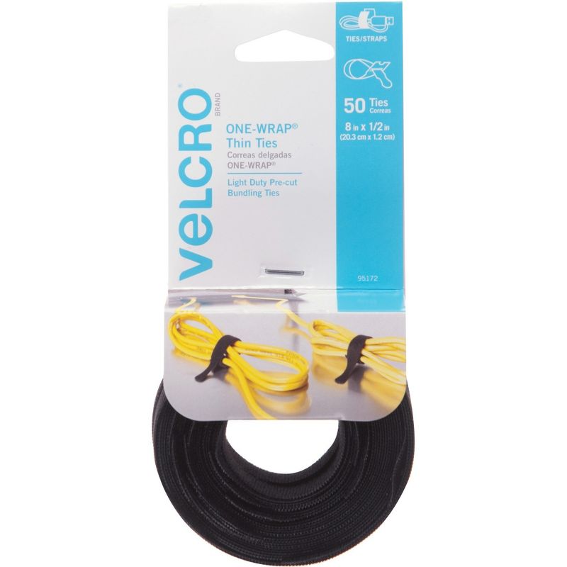 Velcro One-Wrap Reusable Ties 1/2" x 8" Black 50/Pack 95172
