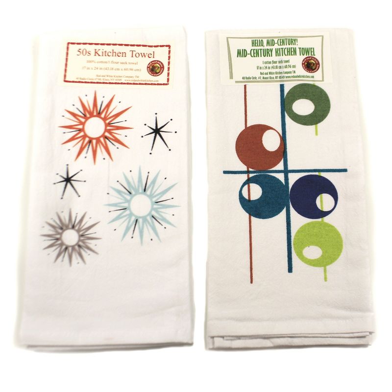 Tabletop 24.0" Mid Century Modern #3 Towel Set 100% Cotton Starburst Atomic Red And White Kitchen Company  -  Kitchen Towel