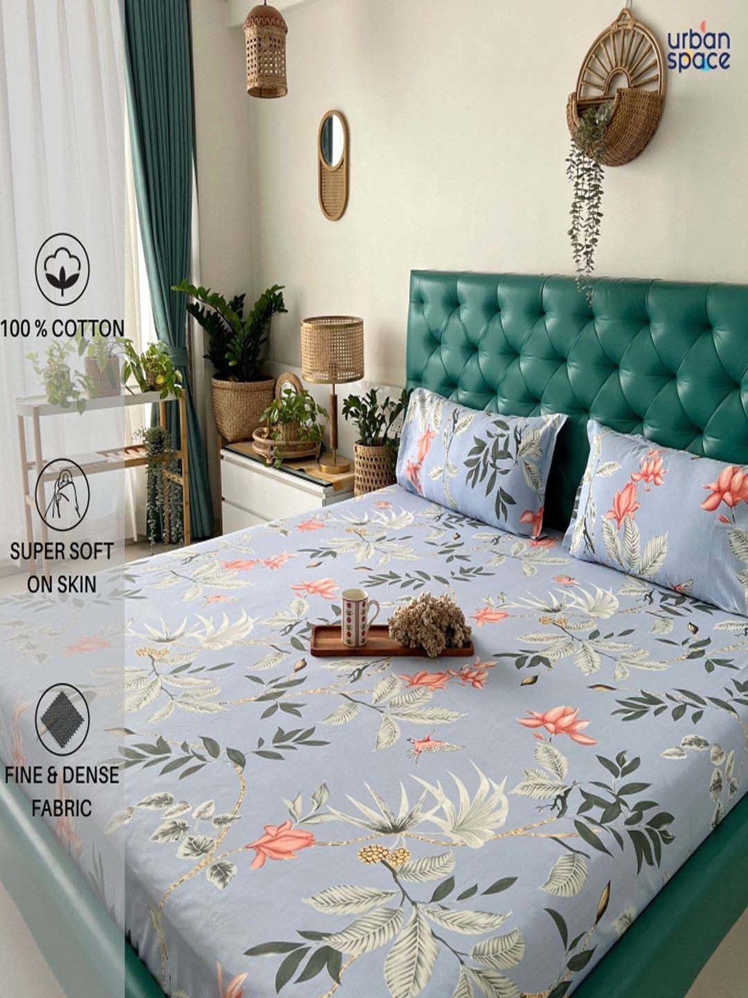 Urban Space Grey & Peach Cotton 200 TC King Bedsheet with 2 Pillow Covers