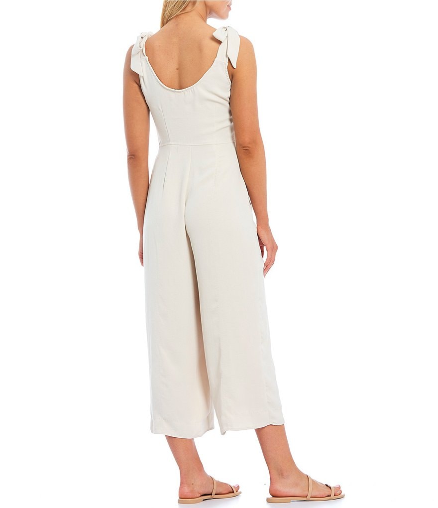 Chelsea & Violet Wide Leg Button Front Washed Pique V-Neck Sleeveless Jumpsuit