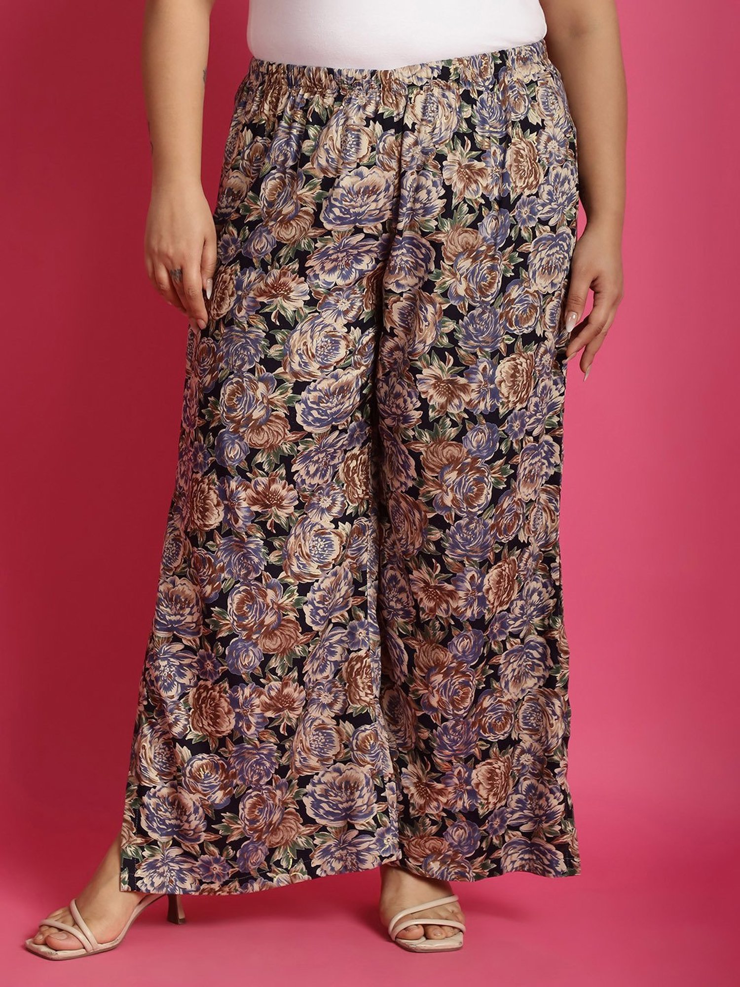 theRebelinme Navy Floral Print High Rise Regular Fit Palazzos