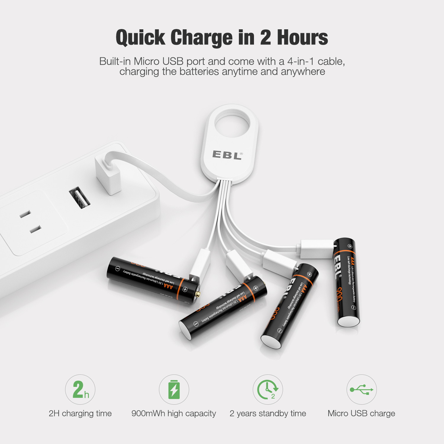 EBL 4 Pcs USB Rechargeable Lithium ion AAA Batteries - 1.5V Long Lasting Rechargeable Triple A Battery Quick Charge in 2H