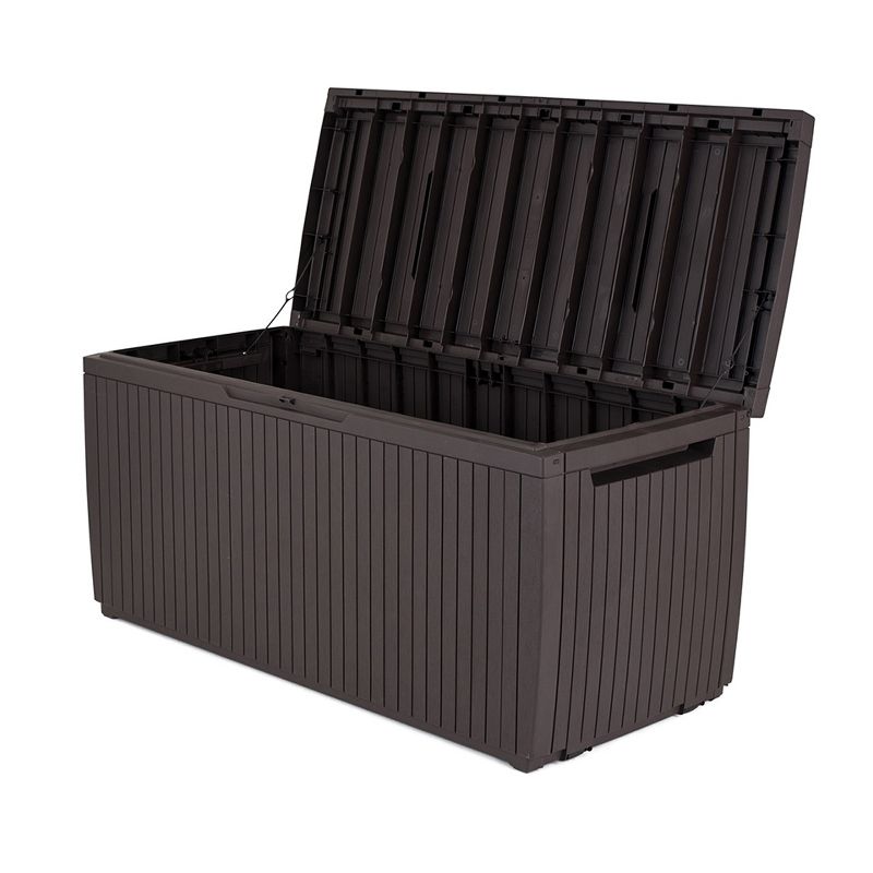 Keter 243547 Springwood 80 Gallon Resin Outdoor Storage Box for Patio Furniture Cushions, Pool Toys, and Garden Tools with Handles, Dark Brown