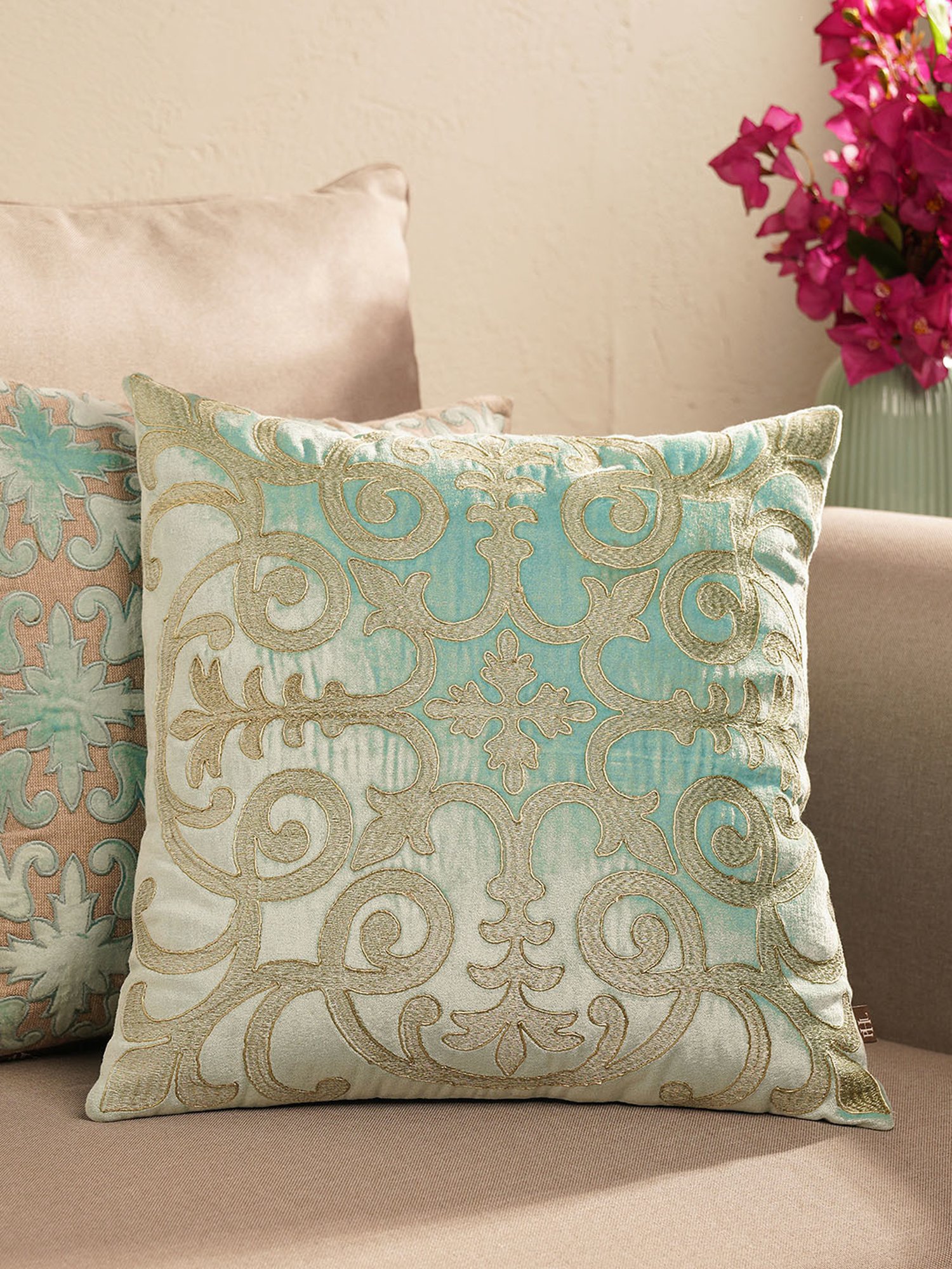 Pure Home and Living Blue Velvet Embroidery Cushion Cover