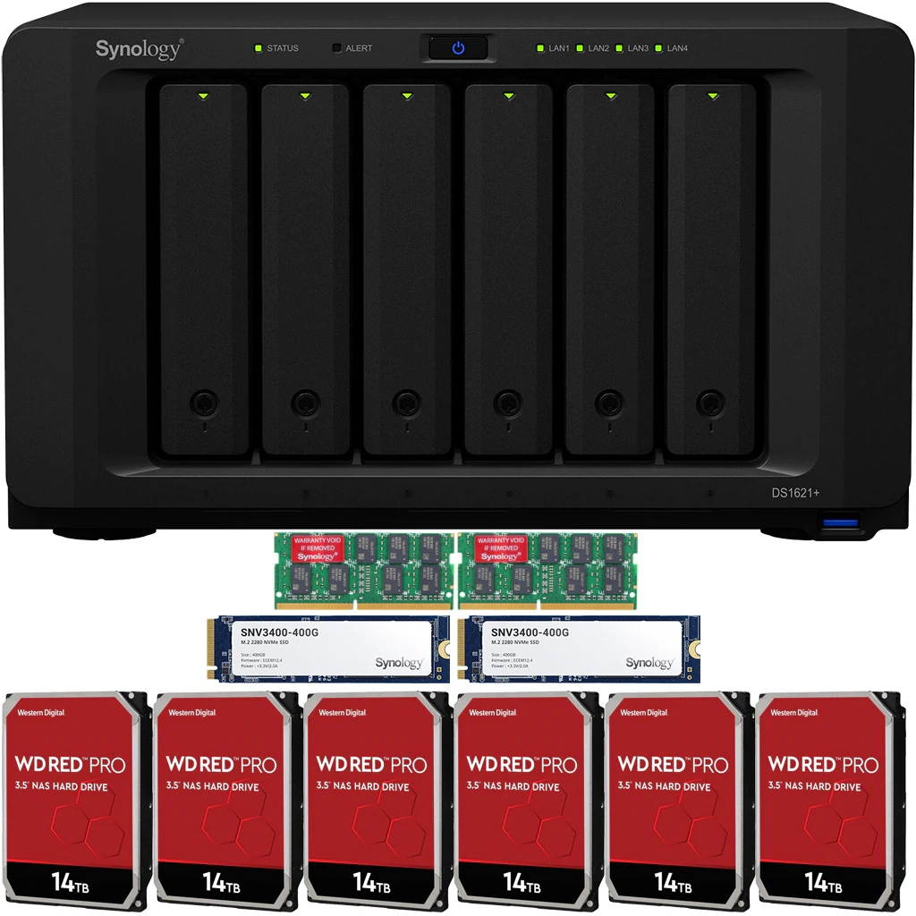 Synology DS1621+ DiskStation with 32GB RAM and 84TB (6 x 14TB) of Western Digital PRO NAS Drives and 800GB (2x400GB) NVME Cache Fully Assembled and Tested By CustomTechSales