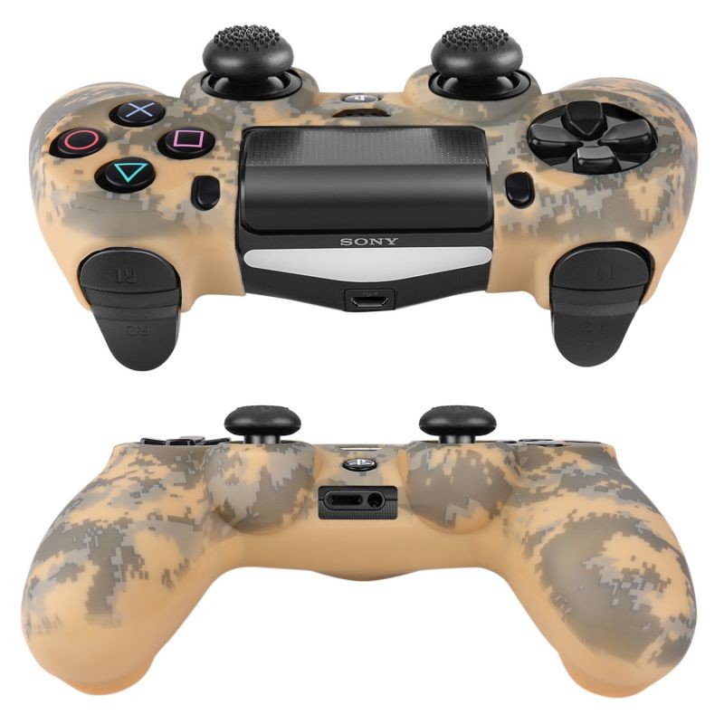 PS4 / Slim / Pro Controller Skin Grip Cover Case Set - Protective Soft Silicone Gel Rubber Shell & Anti-slip Thumb Stick Caps for Sony PlayStation 4 Controller Gaming Gamepad (Camo Mosaic Yellow)