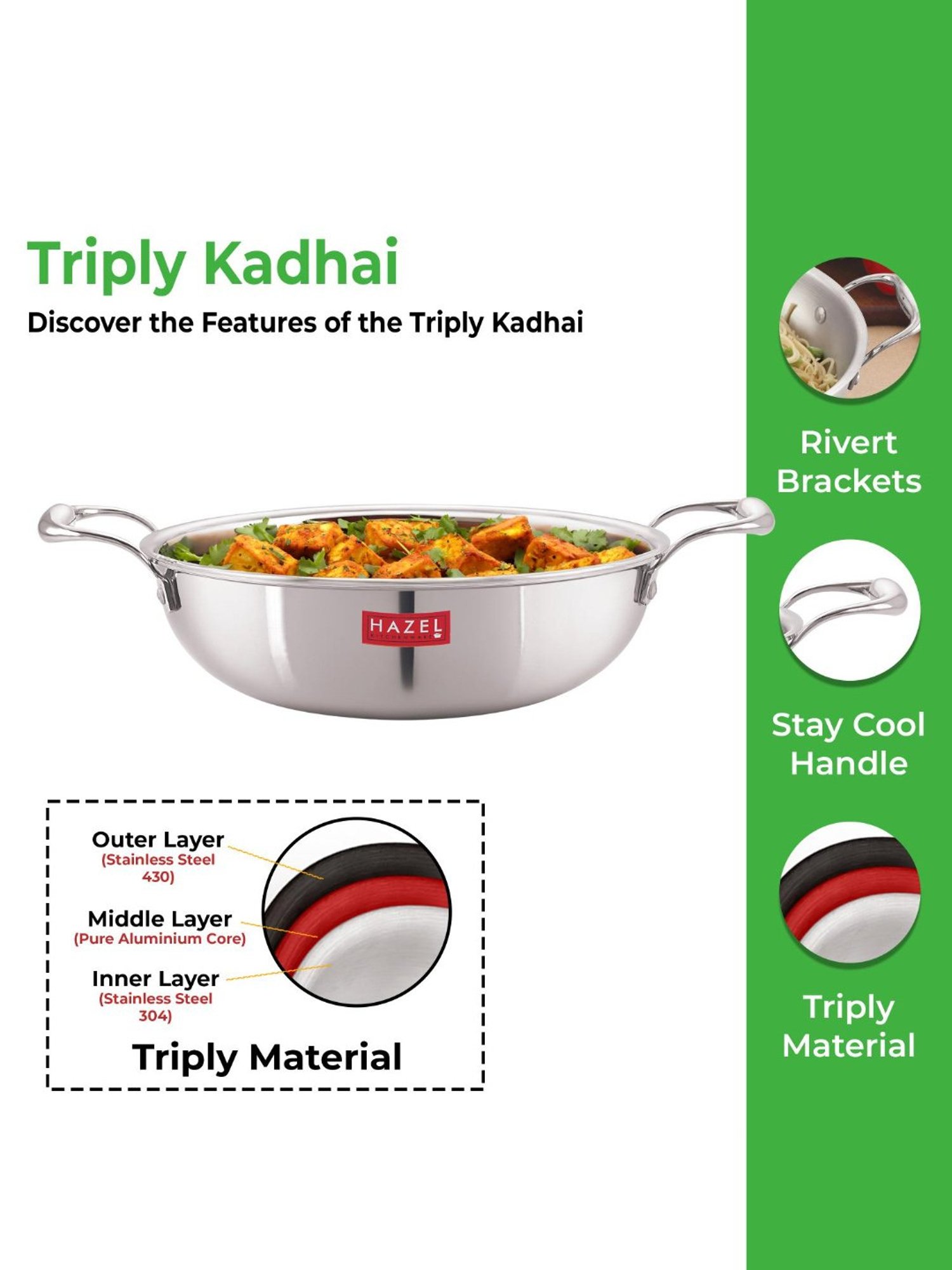 ALLO Silver Stainless Steel Induction Friendly Triply Kadhai (3 L)