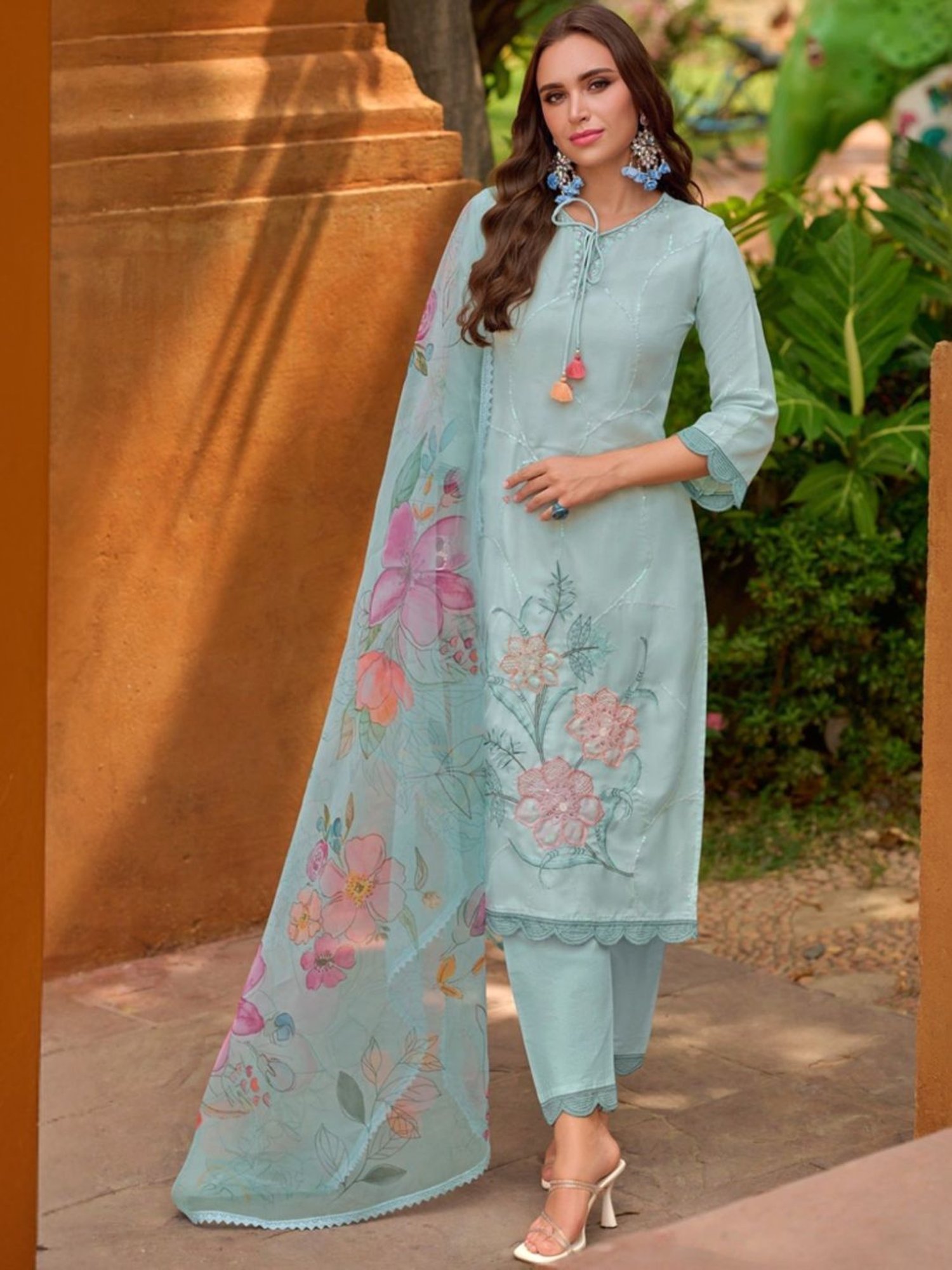 Autumnlane Blue Gulshan Sky Embroidery Handwork Kurta with Pant and Dupatta