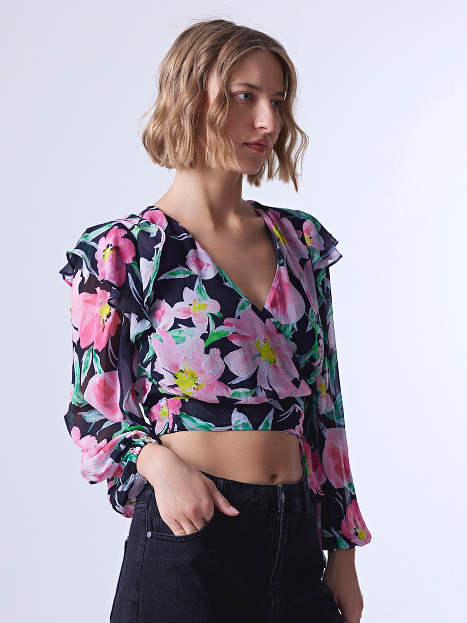Cover Story Black & Pink Floral Print Crop Top