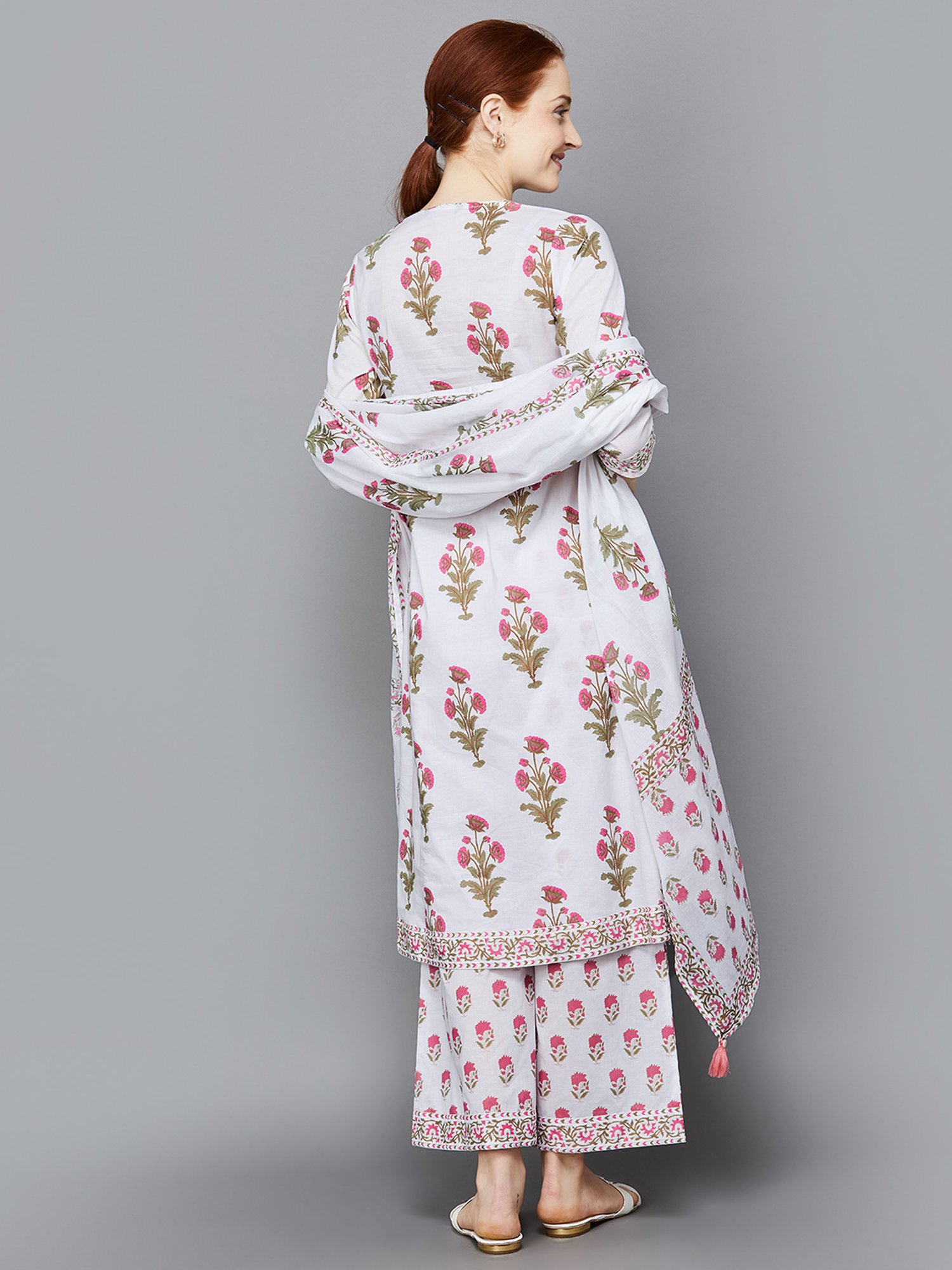 Melange by Lifestyle Off White & Pink Cotton Floral Print Kurta With Pants & Dupatta