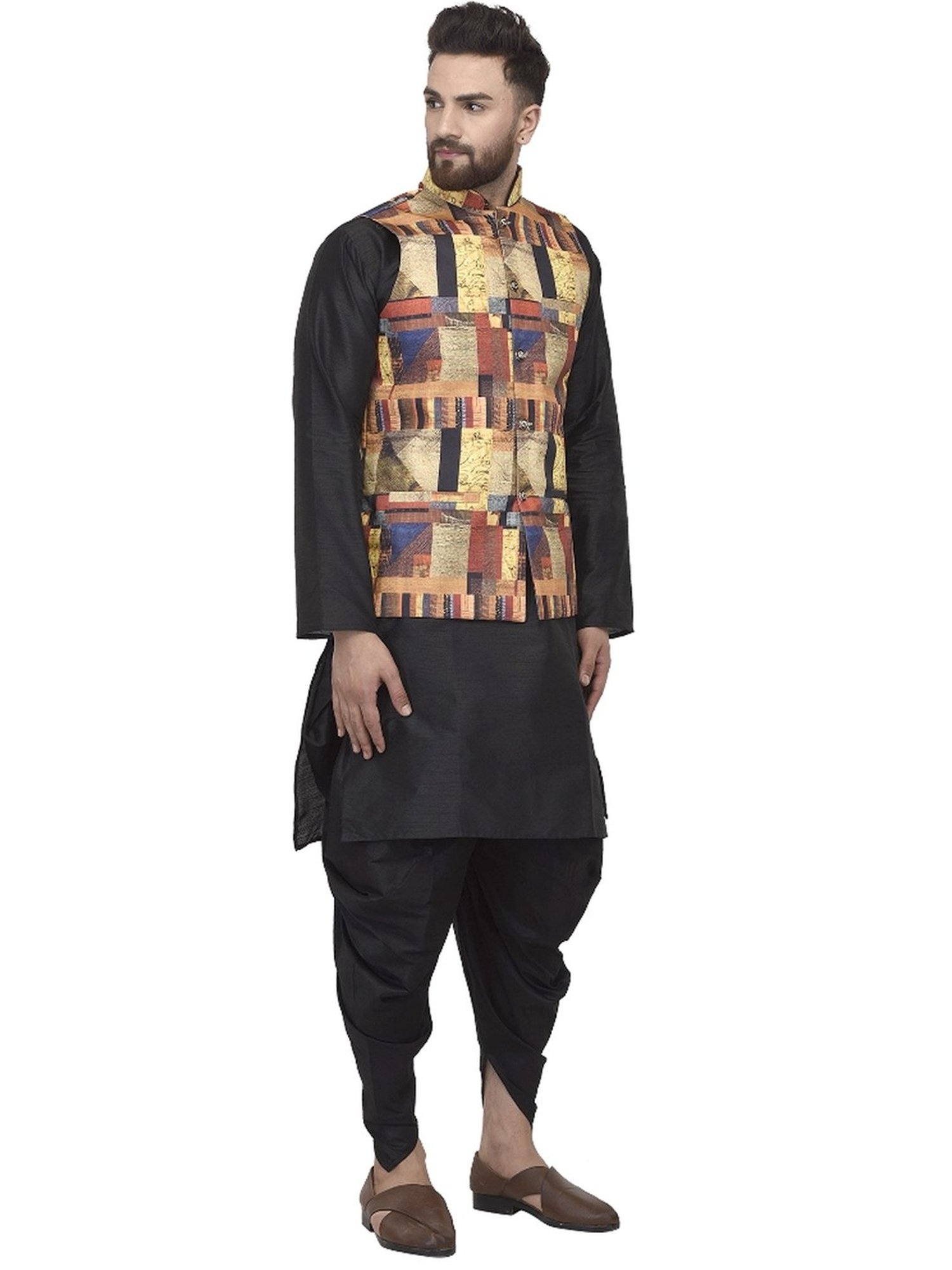 Benstoke Black & Multi Regular Fit Geometric Kurta Set With Jacket