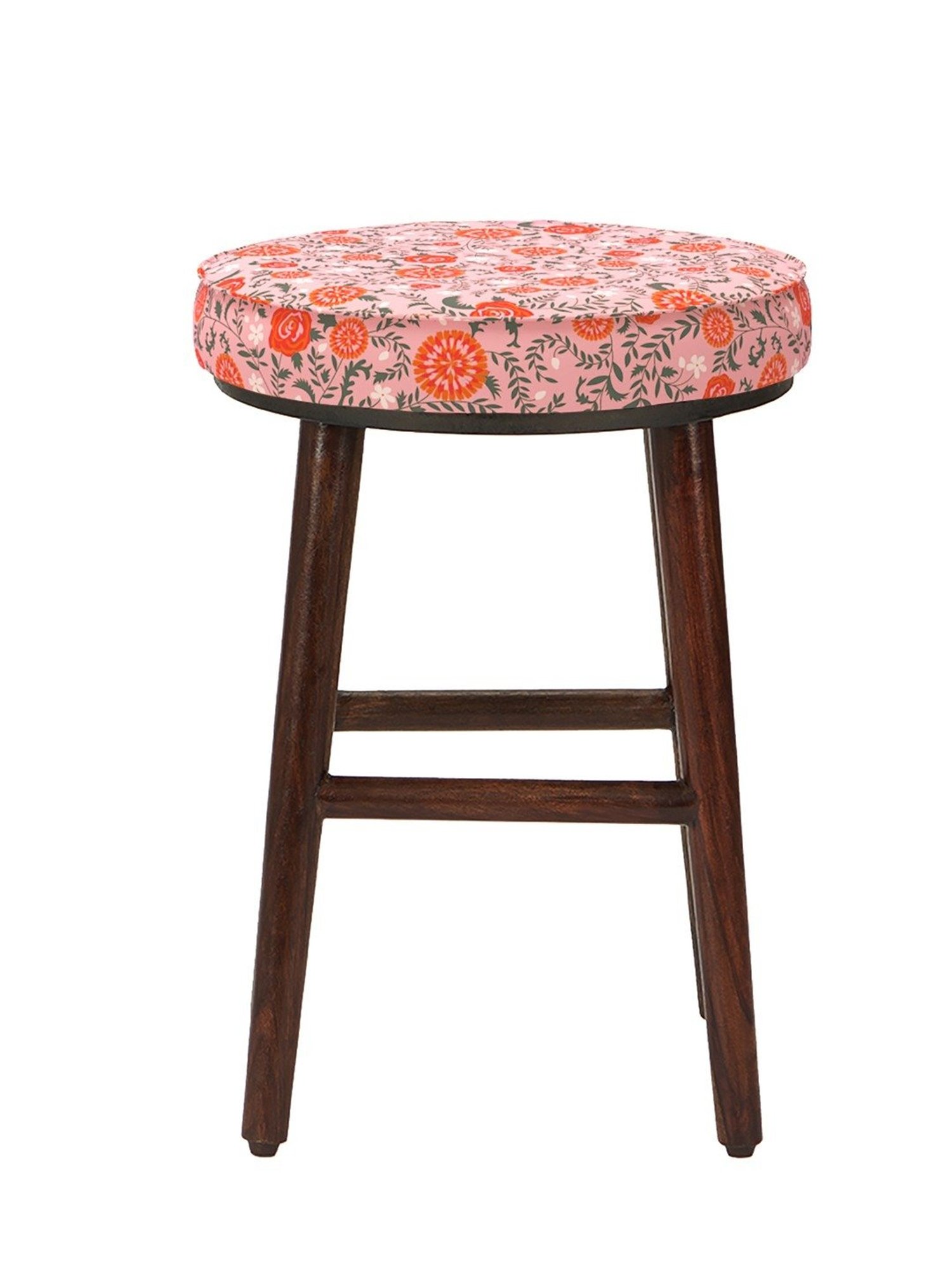 Chumbak English Earthy Floral Peach Orange Wood Cafe Stool