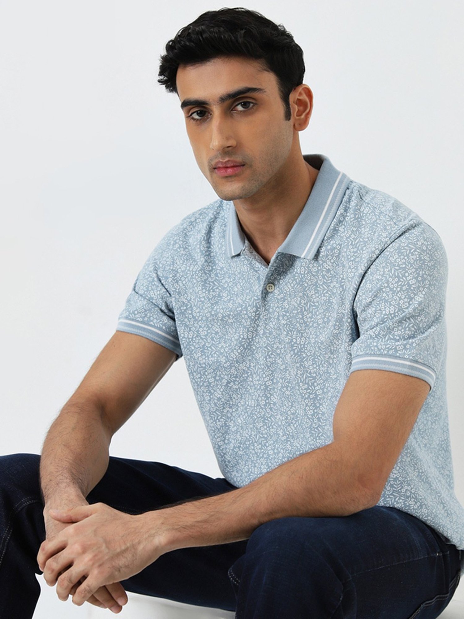 WES Casuals by Westside Dusty Blue Floral Relaxed-Fit Polo T-Shirt