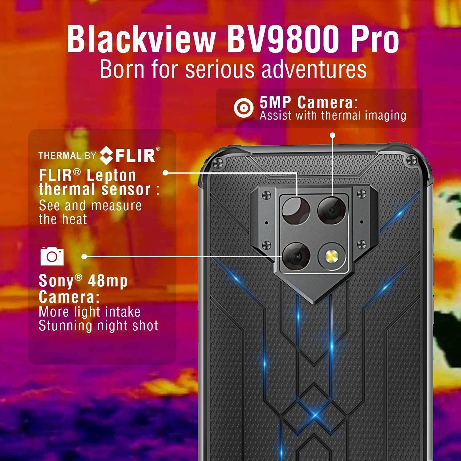 Rugged Cell Phone Unlocked, Blackview BV9800 Pro Thermal Imaging, 6GB+128GB Helio P70 Android 9.0 Waterproof Smartphone 48MP+16MP Cameras Wireless Charging 6.3" FHD+ 6580mAh 4G Dual SIM Phones
