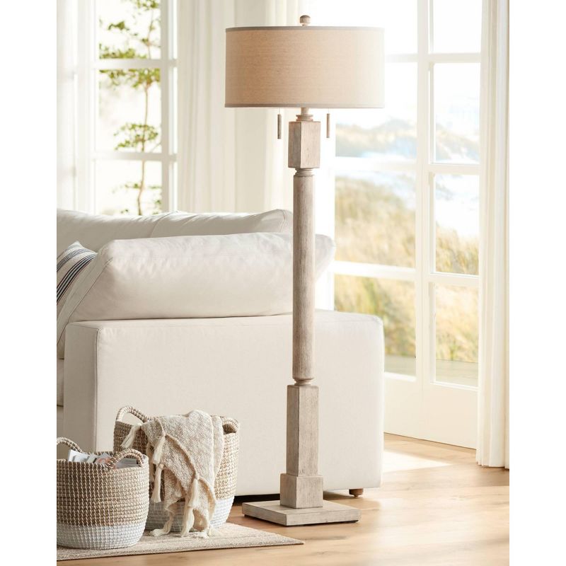 Barnes and Ivy Country Cottage Floor Lamp Pickled Wood Oatmeal Linen Drum Shade for Living Room Reading Bedroom Office