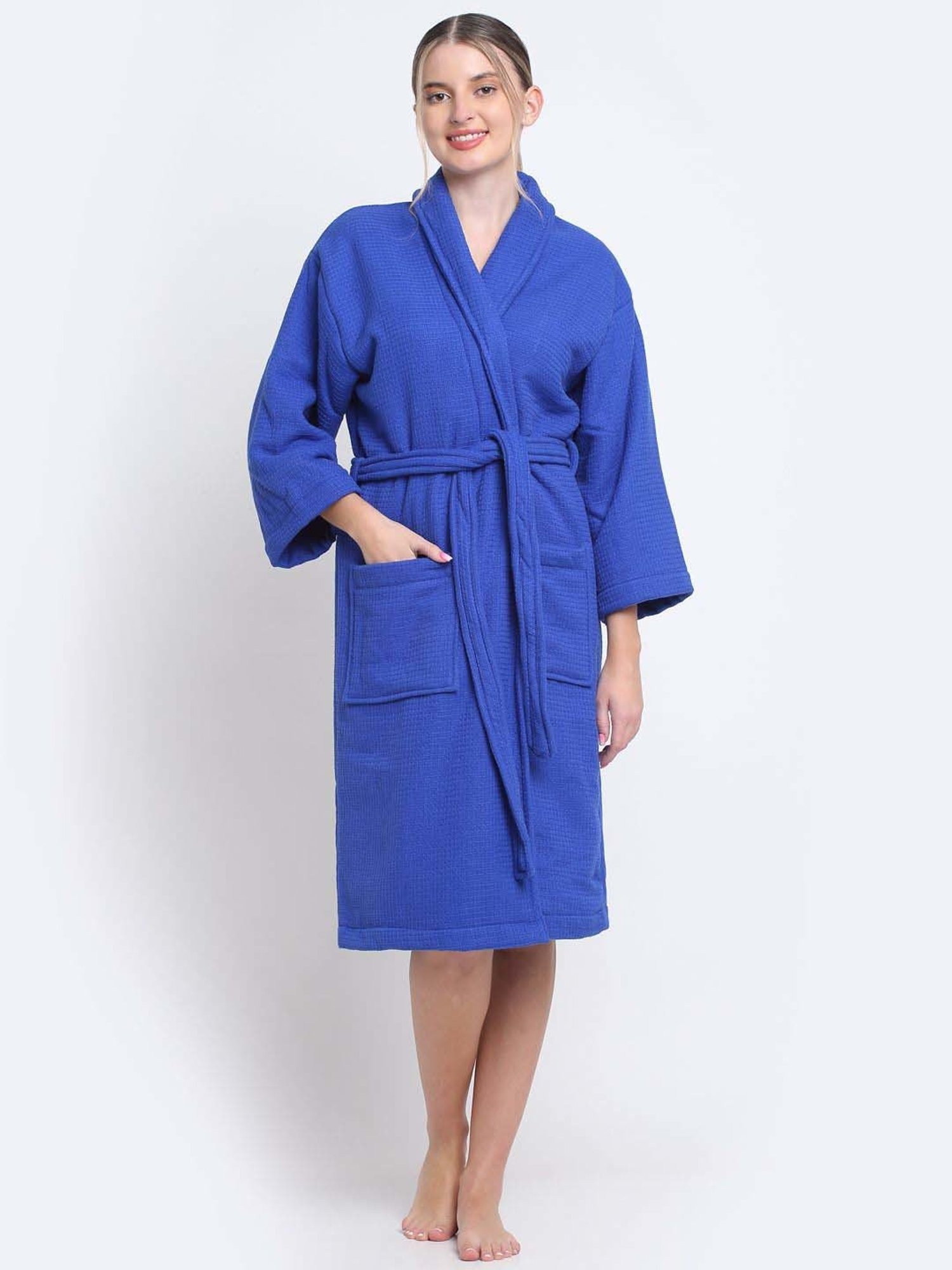 Creeva Everyday Red & Navy 225 GSM Micro Terry Bathrobe with Front Pocket & Kimono Collar
