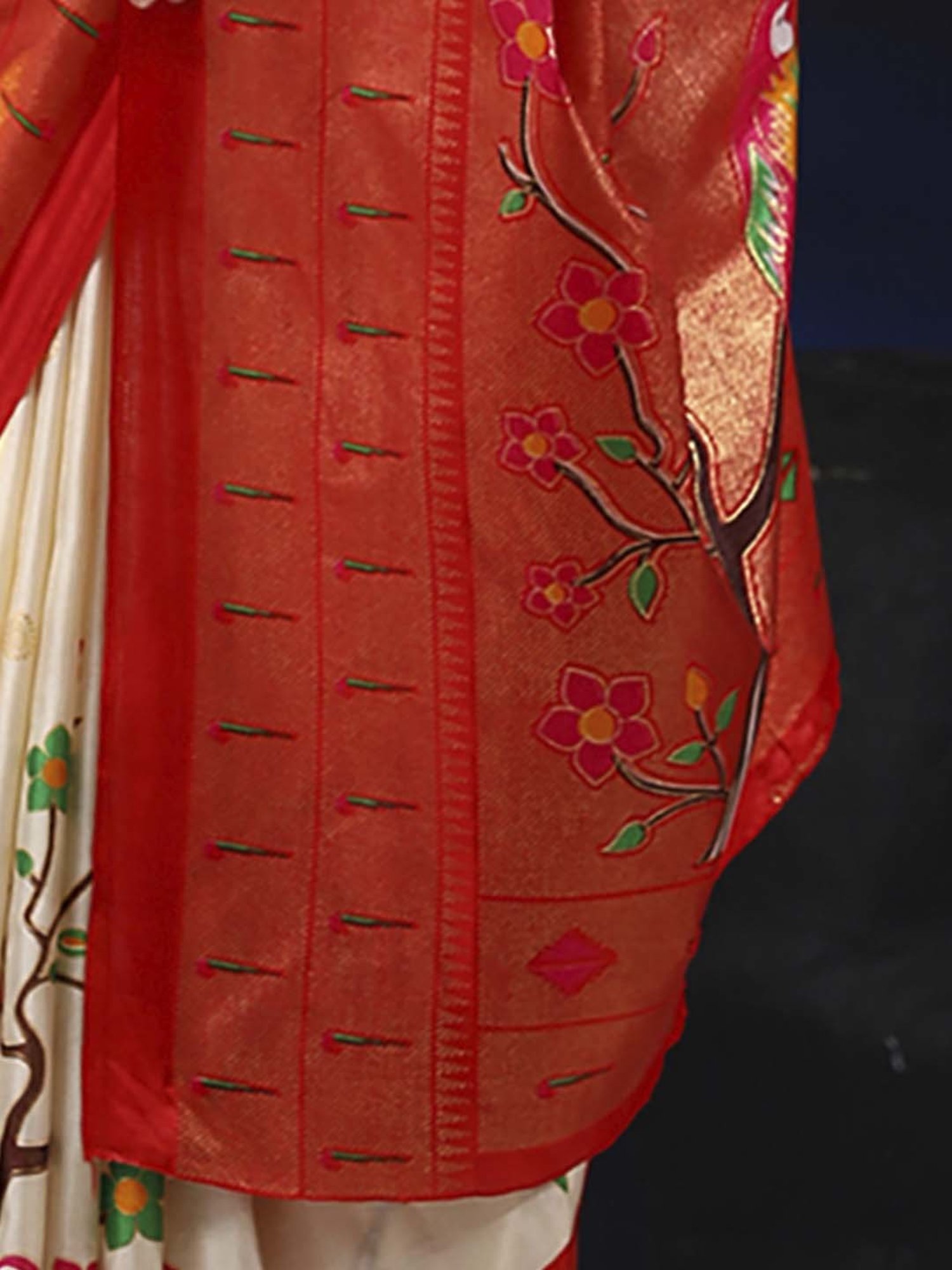 Saree Mall Beige & Red Silk Printed Saree With Unstitched Blouse