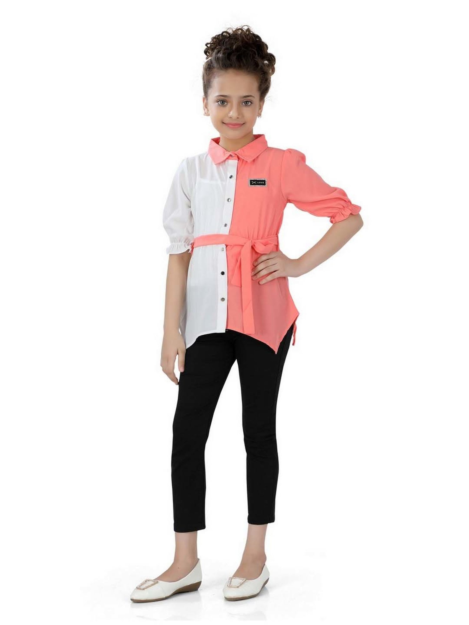 poplins Kids Pink & White Cotton Color Block Top