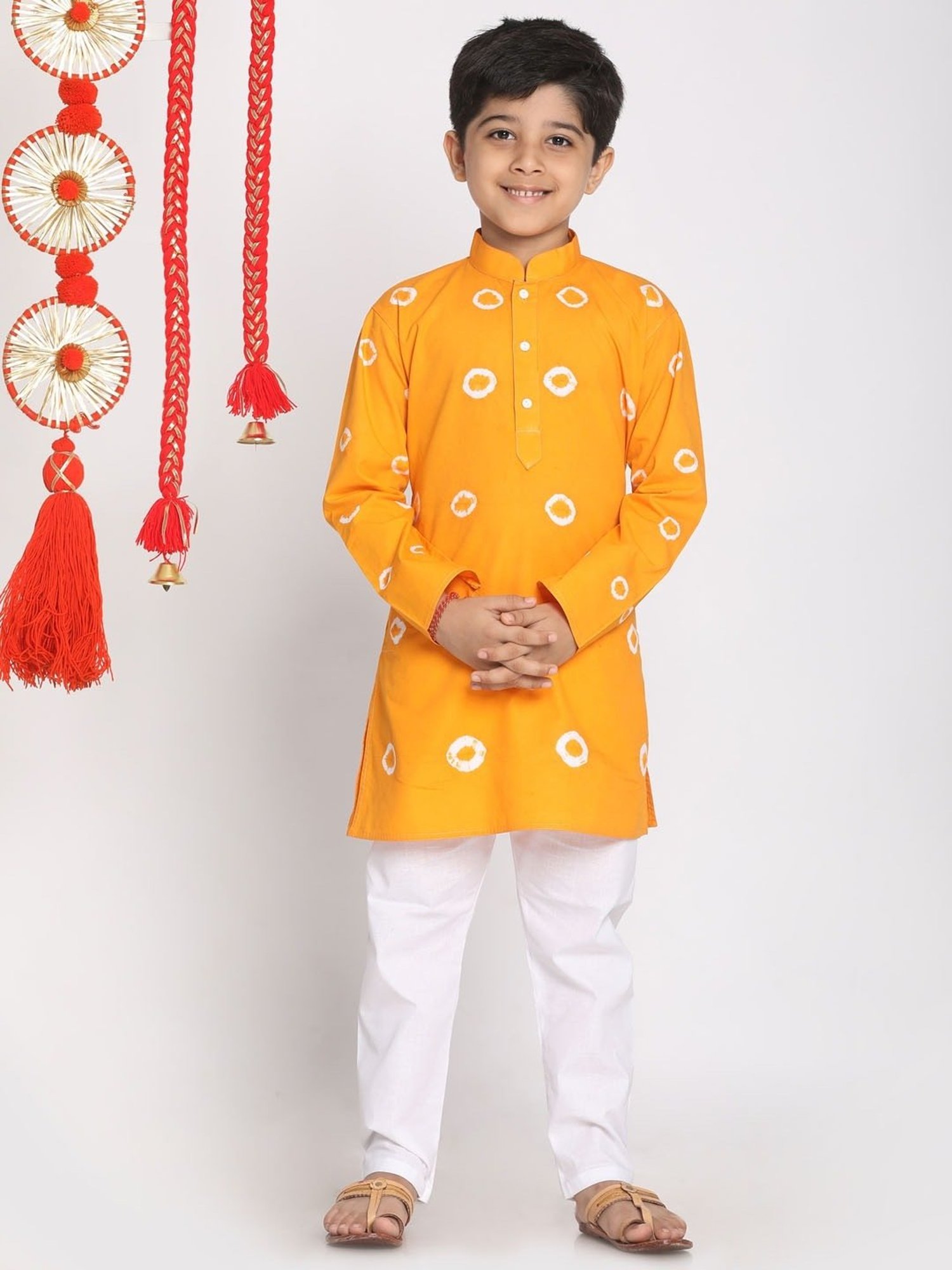 VASTRAMAY Kids Orange & White Cotton Over Dyed Kurta Set