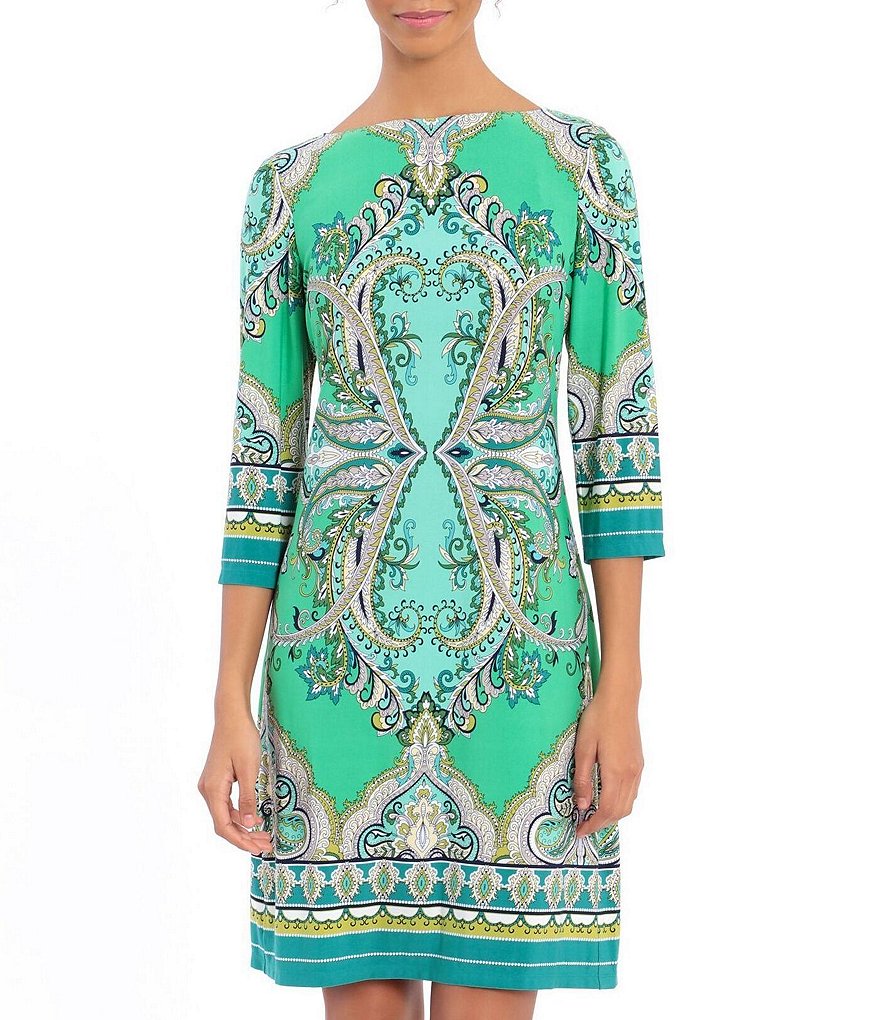 London Times Printed Jersey 3/4 Sleeve Boat Neck Shift Dress