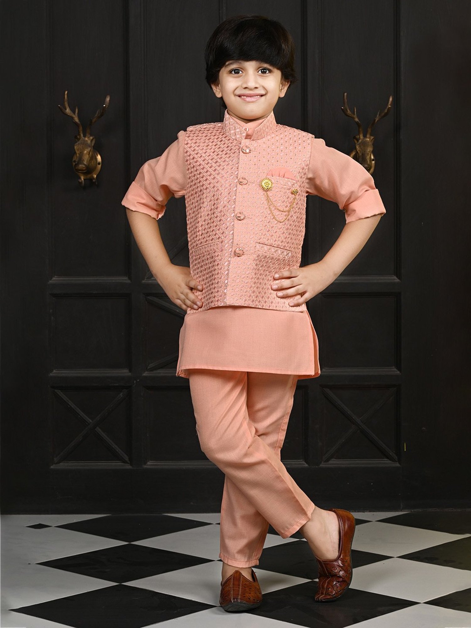 Ahhaaaa Kids Peach Embellished Full Sleeves Sherwani, Jacket & Pyjamas