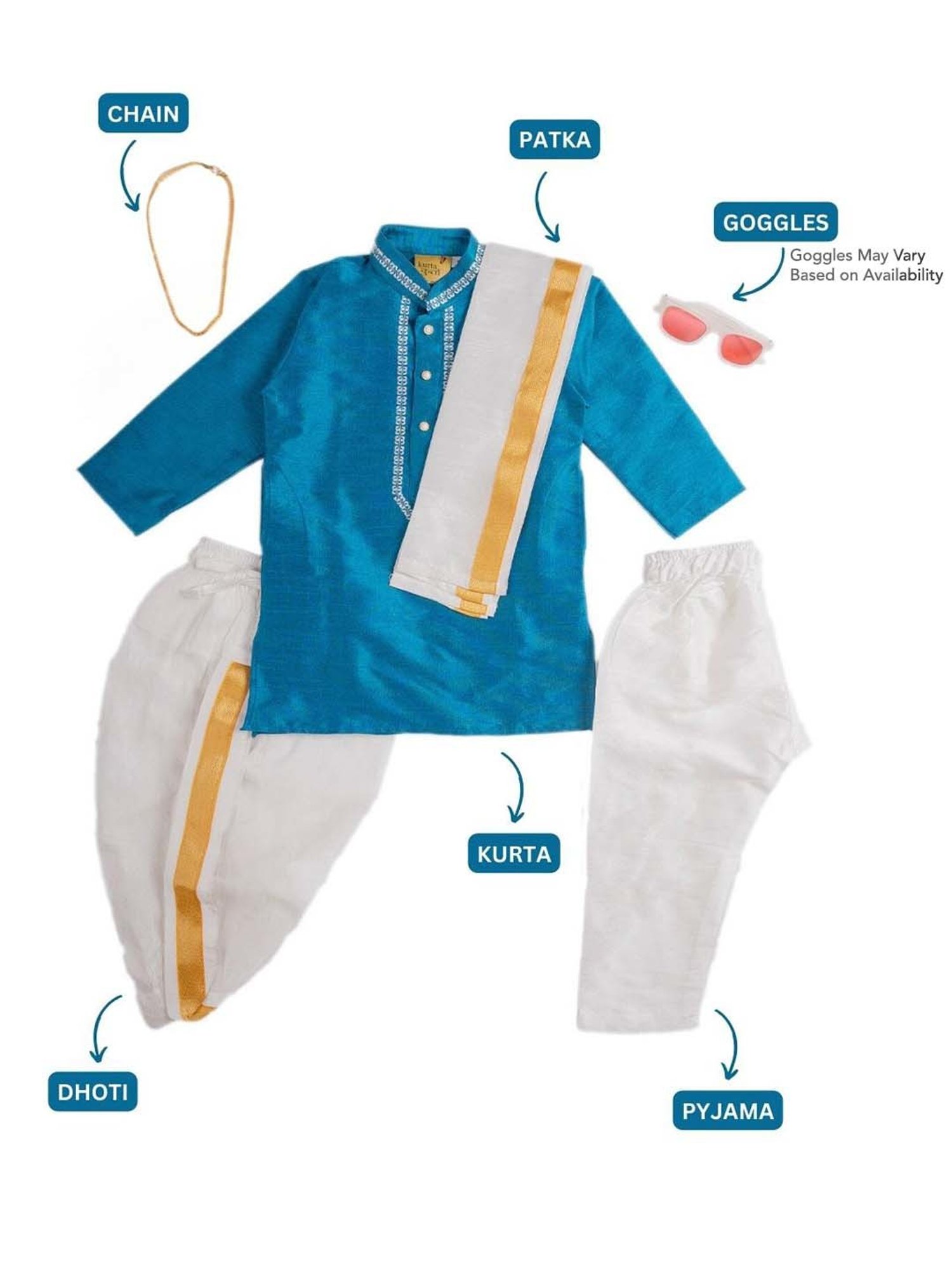 Baby Moo Kids Turquoise Blue & White Regular Fit Full Sleeves Kurta Set