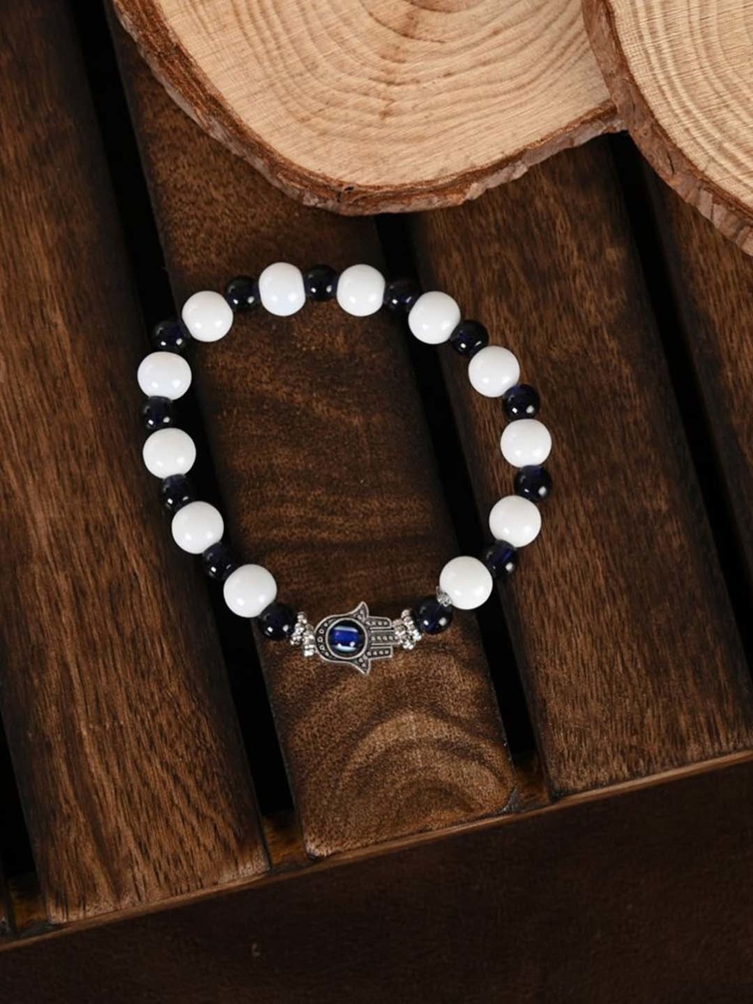 NVR White & Black Marbel Crystal Elasticated Bracelet for Unisex