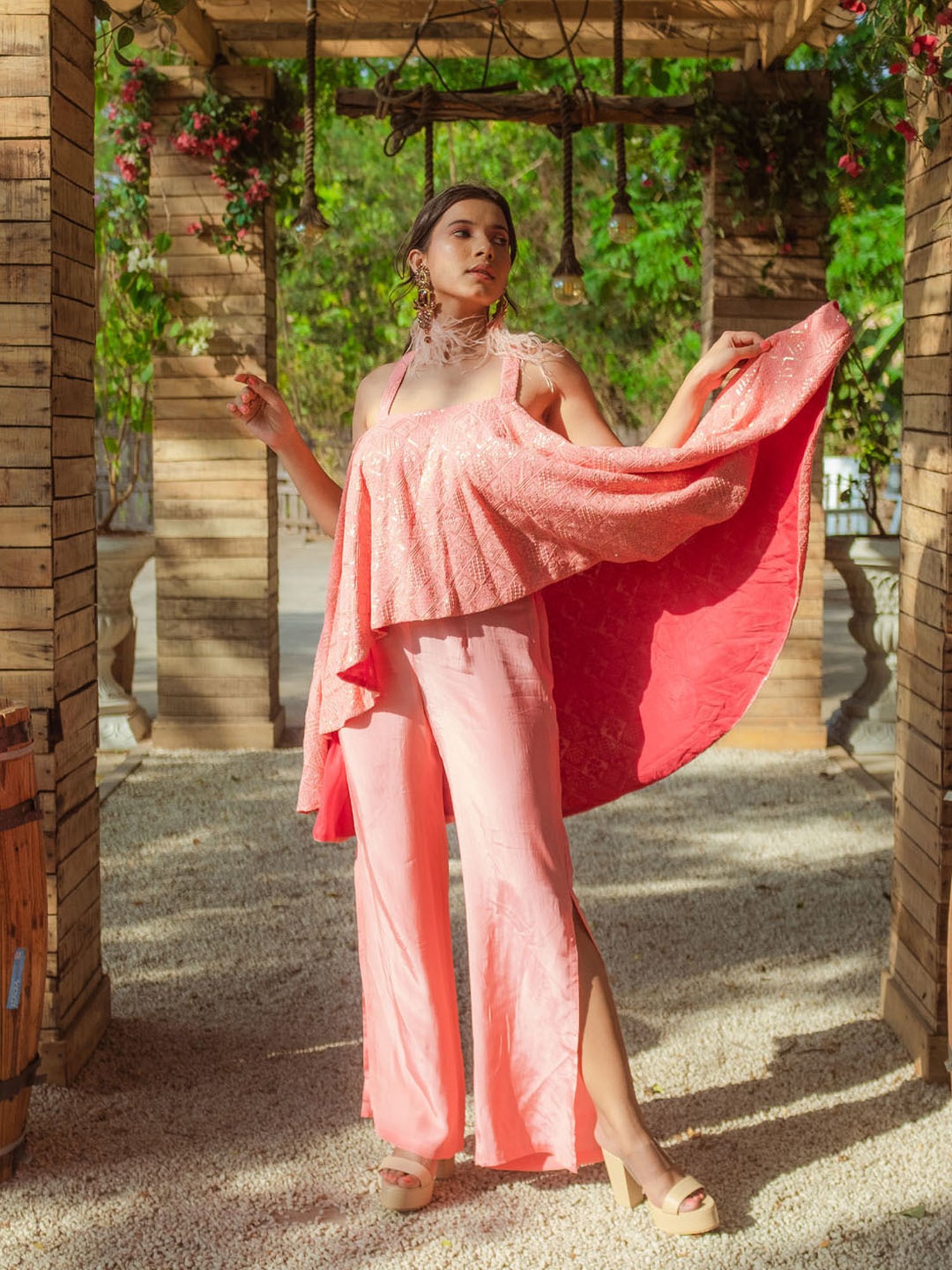 Monk and Mei Asin Chikankari High Low Top & Slit Pants