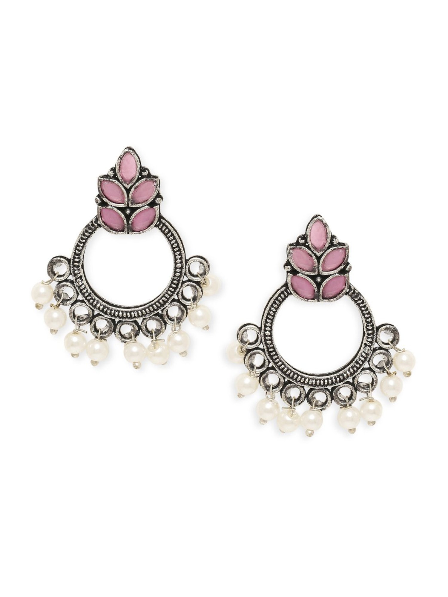 OOMPH Jewellery Oxidised Silver Look Alike Pink S& Pearls Floral Design Ethnic Small Dangler