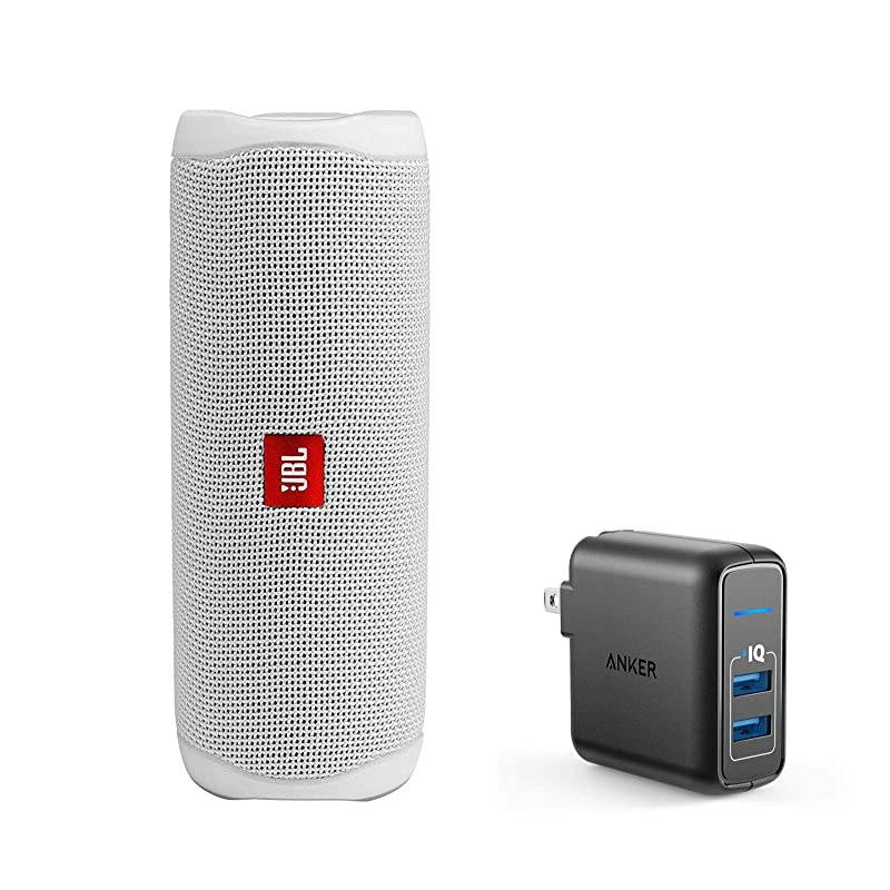 Flip 5 Waterproof Portable Wireless Bluetooth Speaker Bundle with 2-Port USB Wall Charger - White