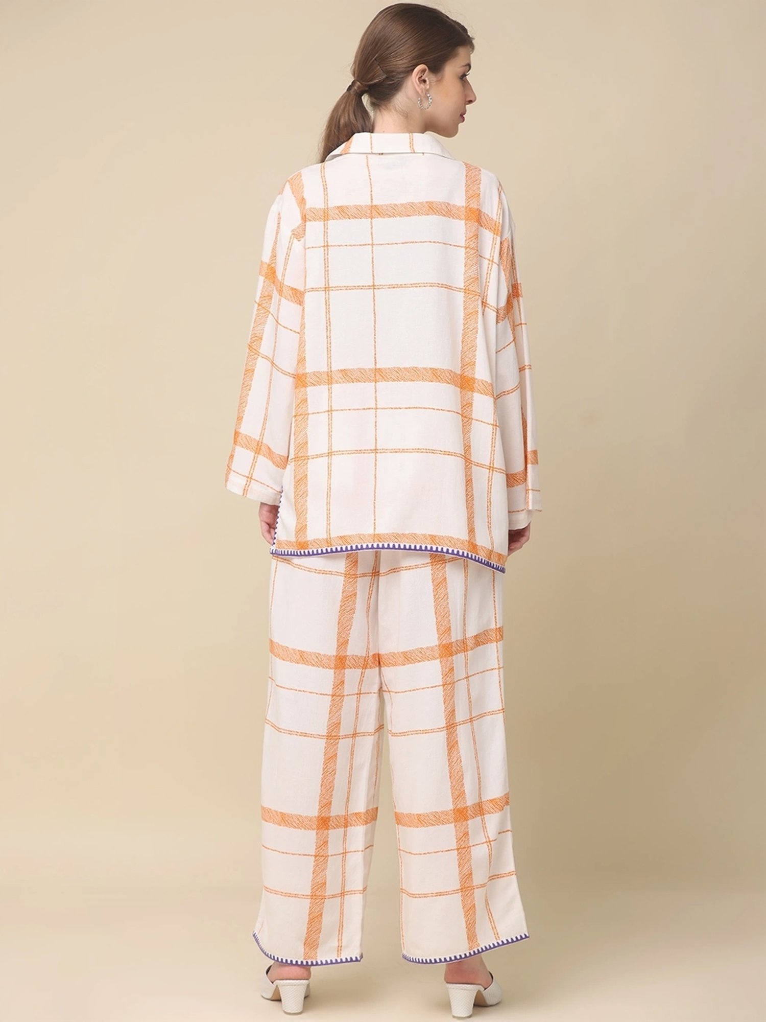 Zolo Label White Cotton Chequered Top Palazzo Set