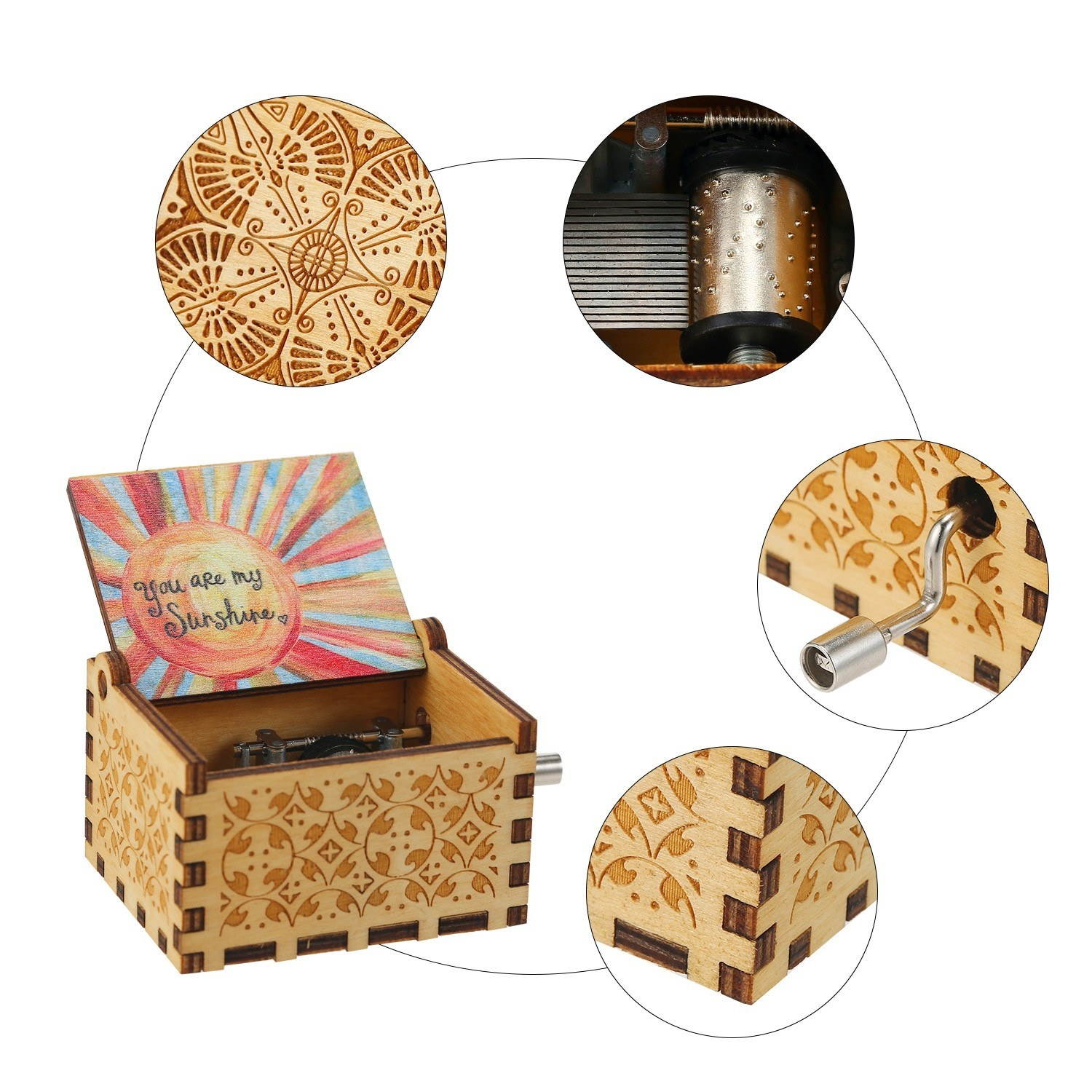 Vintage Wooden Music Box Hand Crank Music Case Carved Engraving Children Toy Christmas Festival Presents