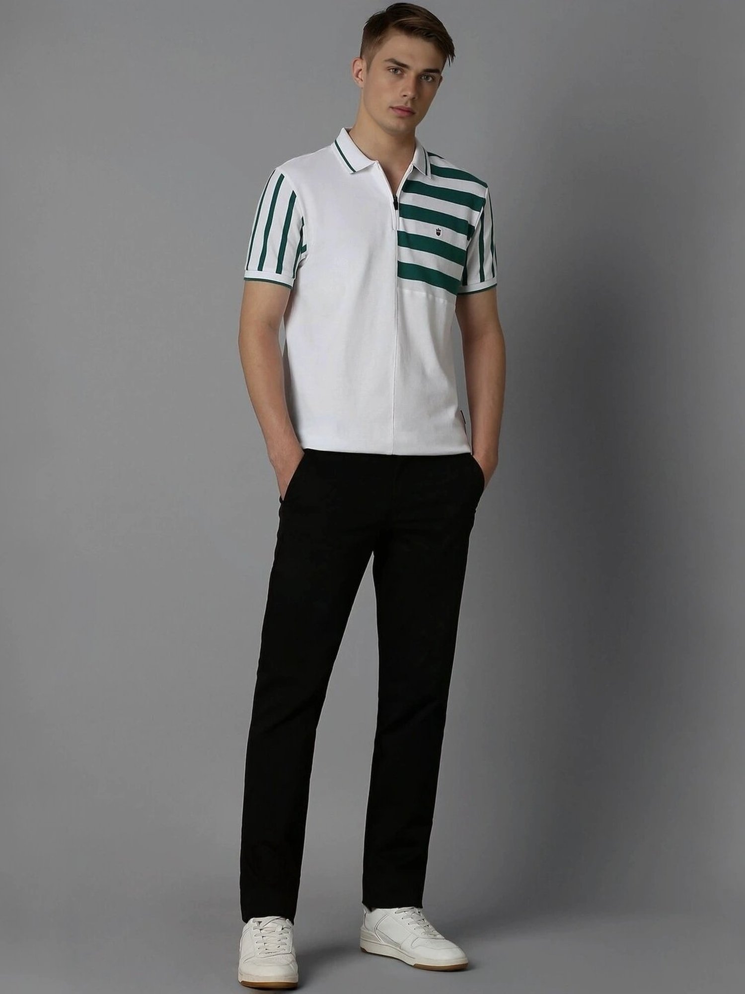 Louis Philippe White Cotton Slim Fit Striped Polo T-Shirt