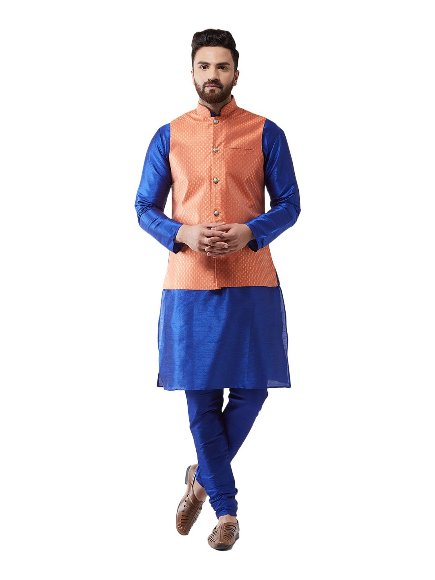 Sojanya Royal Blue & Orange Self Print Suit