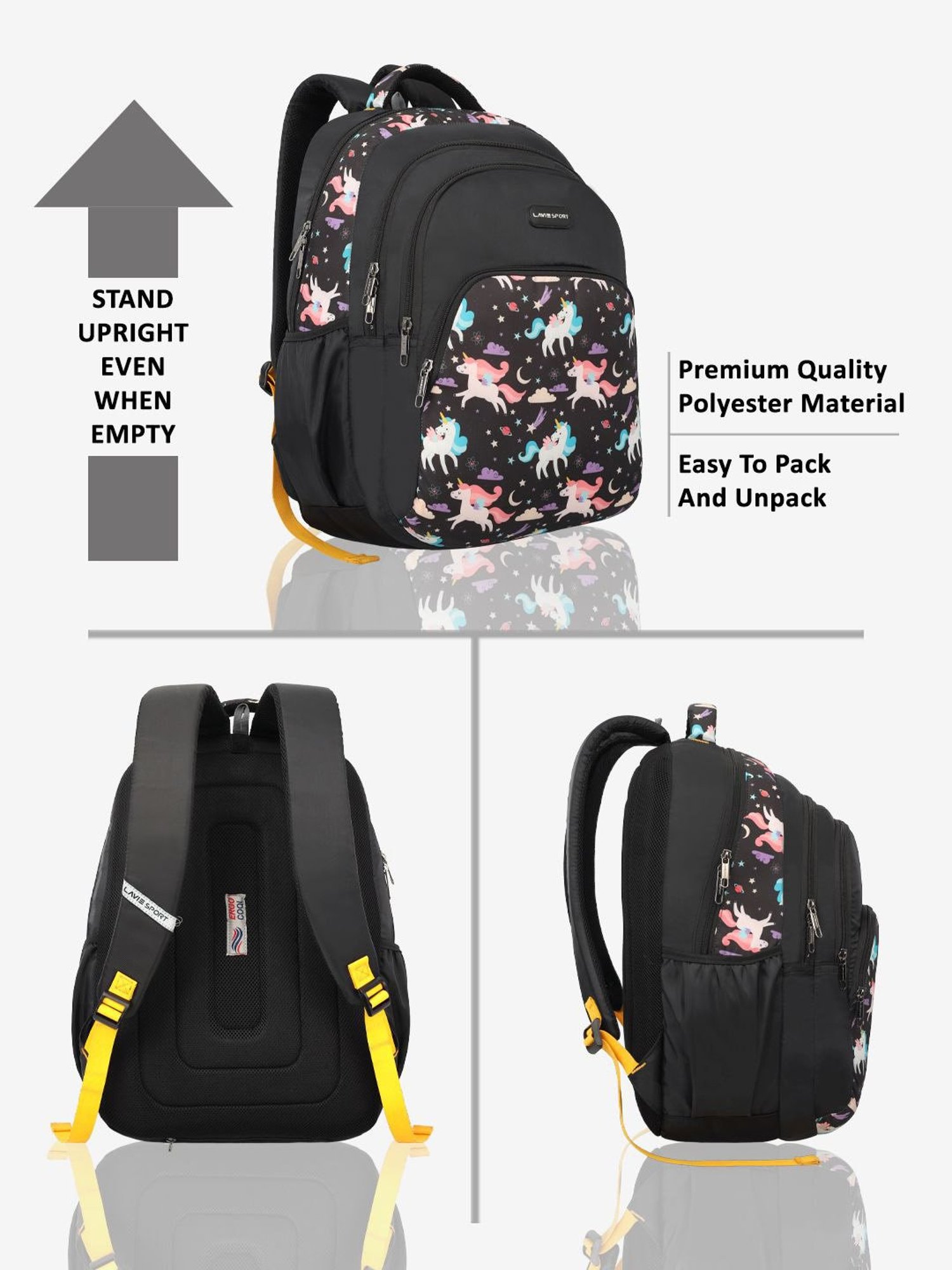 Lavie Sport Unicorn Star 39L Printed School Backpack with Rain cover for Girls (Black)