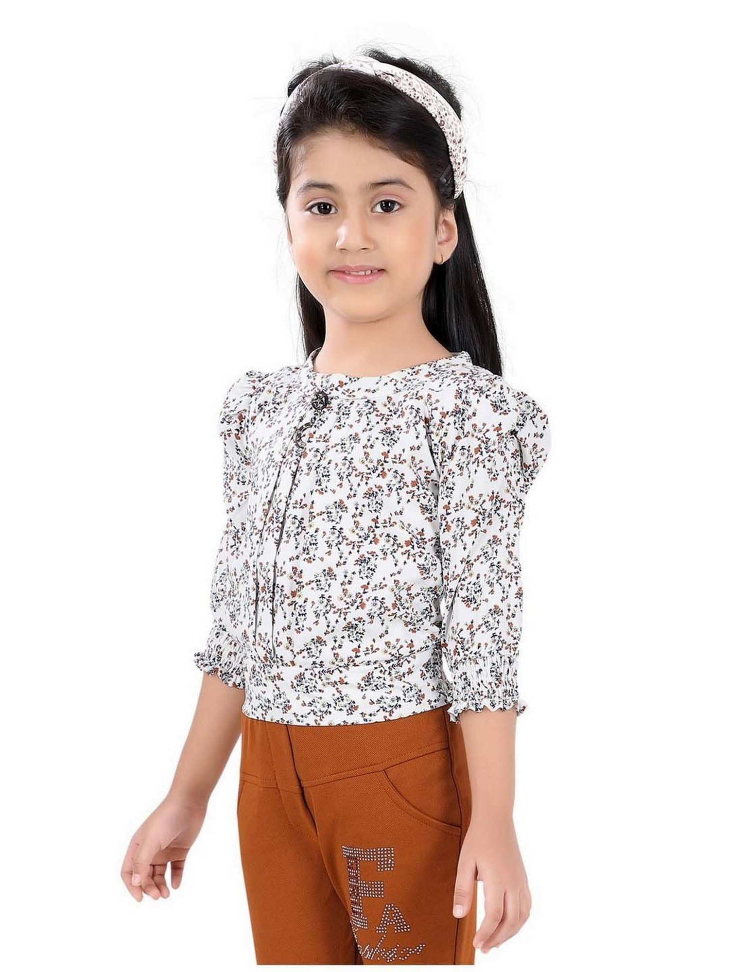 poplins Kids Brown & White Cotton Floral Print Top