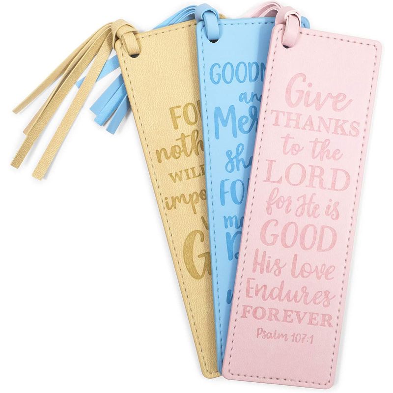 Faithful Finds 3 Piece Faux Leather Religious Inspirational Bible Verses Bookmark Set for Gifts, 3 Colors