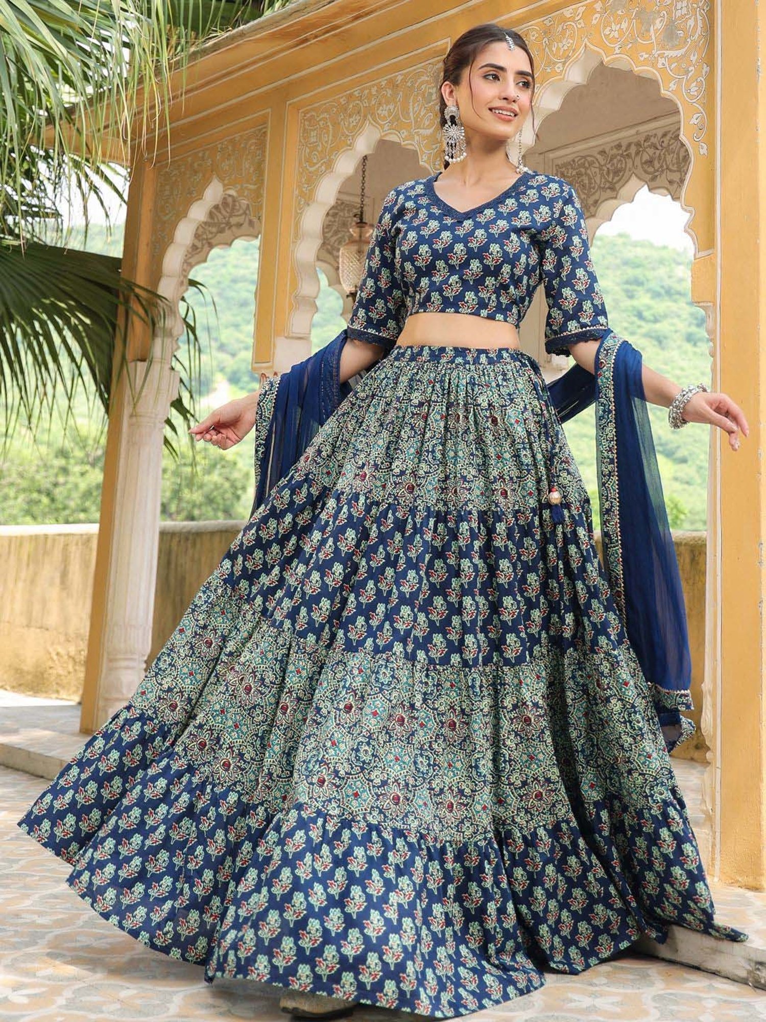Janasya Blue Cotton Printed Lehenga Choli Set With Dupatta