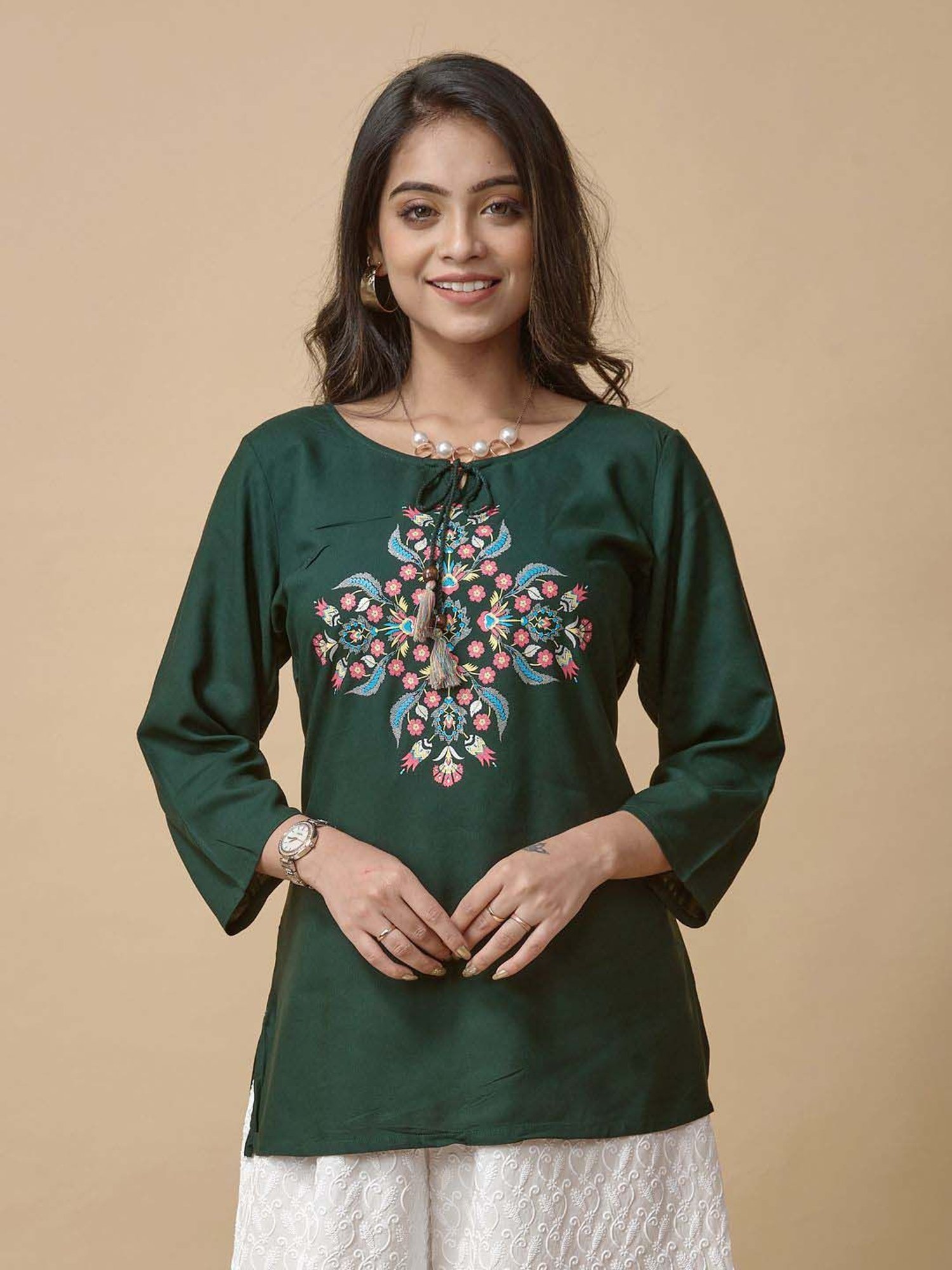 Lyra Green Printed A Line Short Kurti