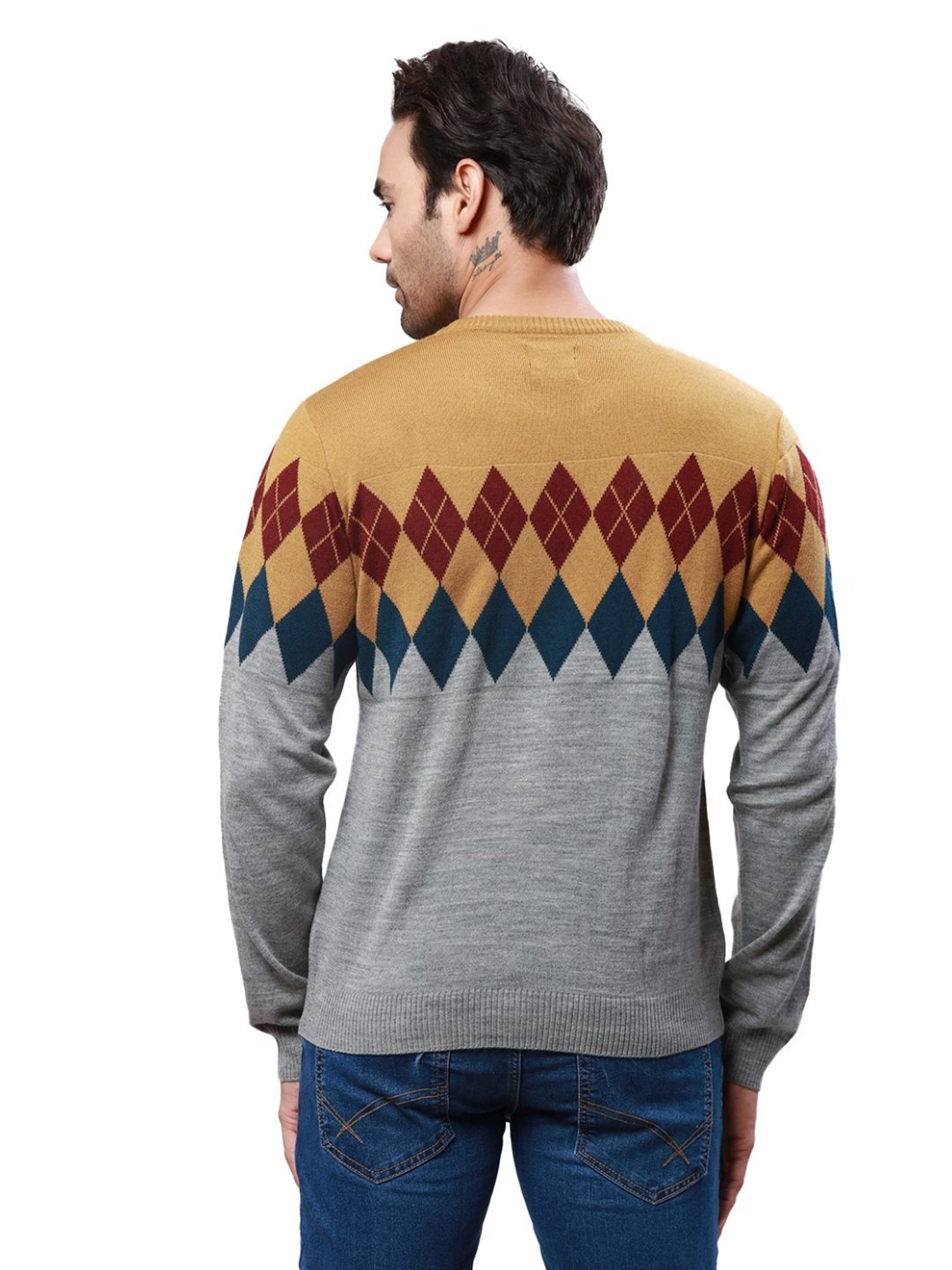 Raymond Grey & Mustard Regular Fit Argyle Sweater