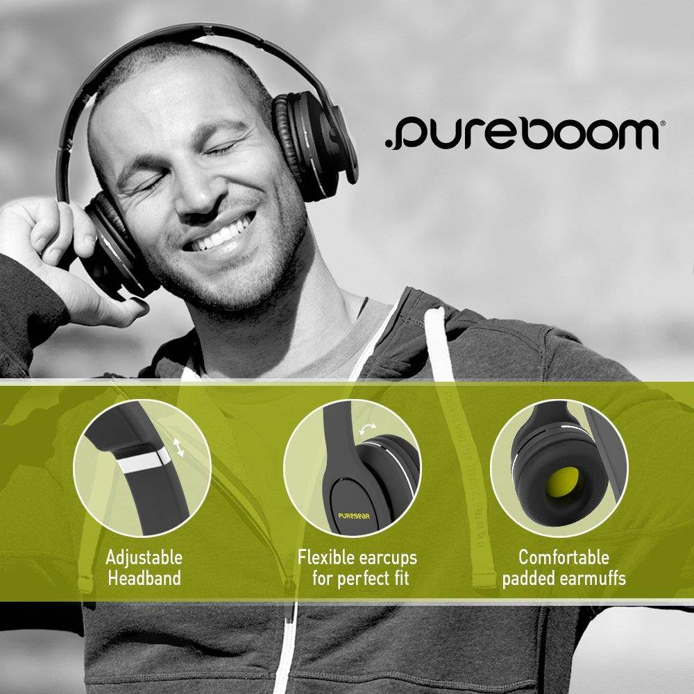 PureGear PureBoom Wireless Bluetooth 4.1 Over Head Foldable Adjustable Stereo Over Ear Headphones w/ Built-in Mic and Wired Mode for PC/ Cell Phones/ TV, Black