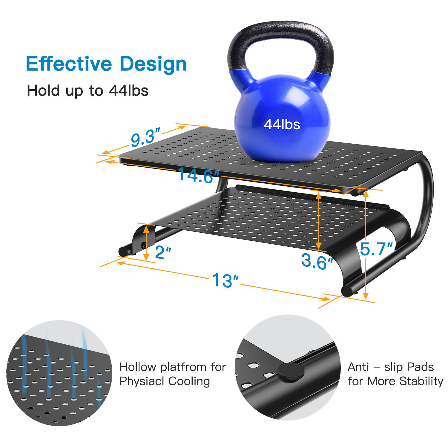 Monitor Stand Riser with Vented Metal Base, 2 Tier Desk Organizer Stand for Laptop Computer, Desktop Printer Stand with Anti-Slip Pads Holds 44lbs, Versatile as Storage Shelf & Screen Holder by HUANUO