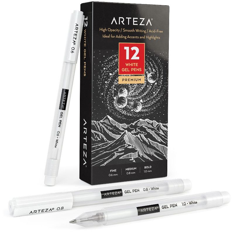 Arteza Gel Pen Set, White, 0.6mm, 0.8mm, and 1.00 mm Nibs - Doodle, Draw, Journal -12 Pack (ARTZ-3475)
