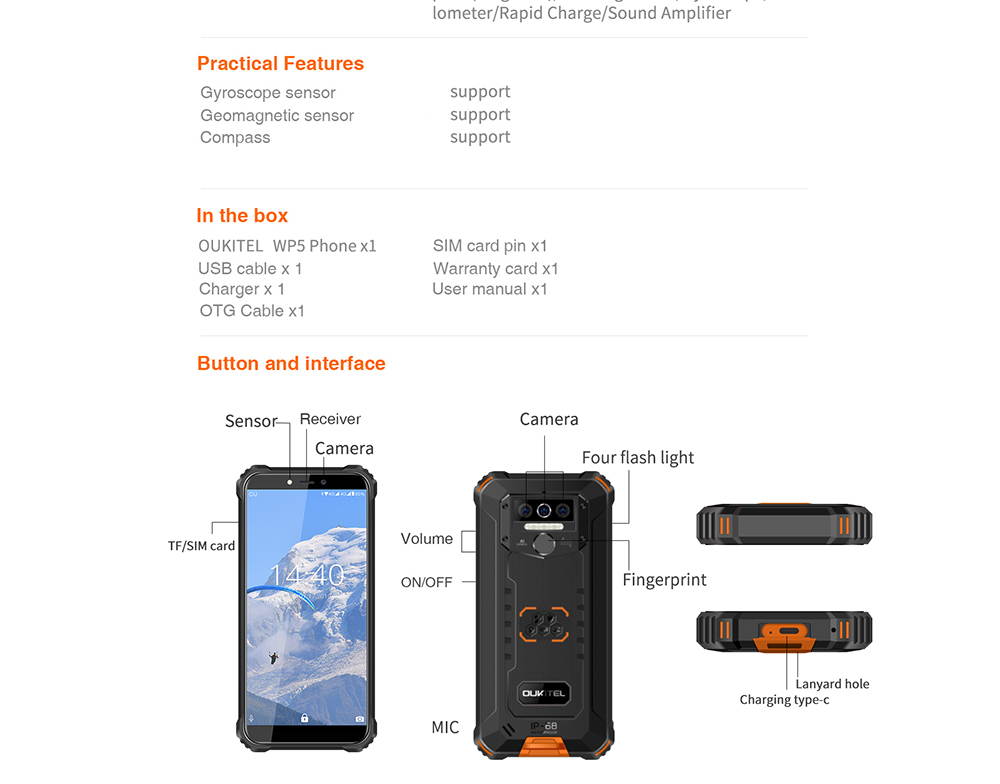 OUKITEL WP5 4G Rugged SmartPhone Quad Core 4GB 32GB 8000mAh Mobile Phone 5.5 Inch Waterproof MT6761 Triple Camera Phone