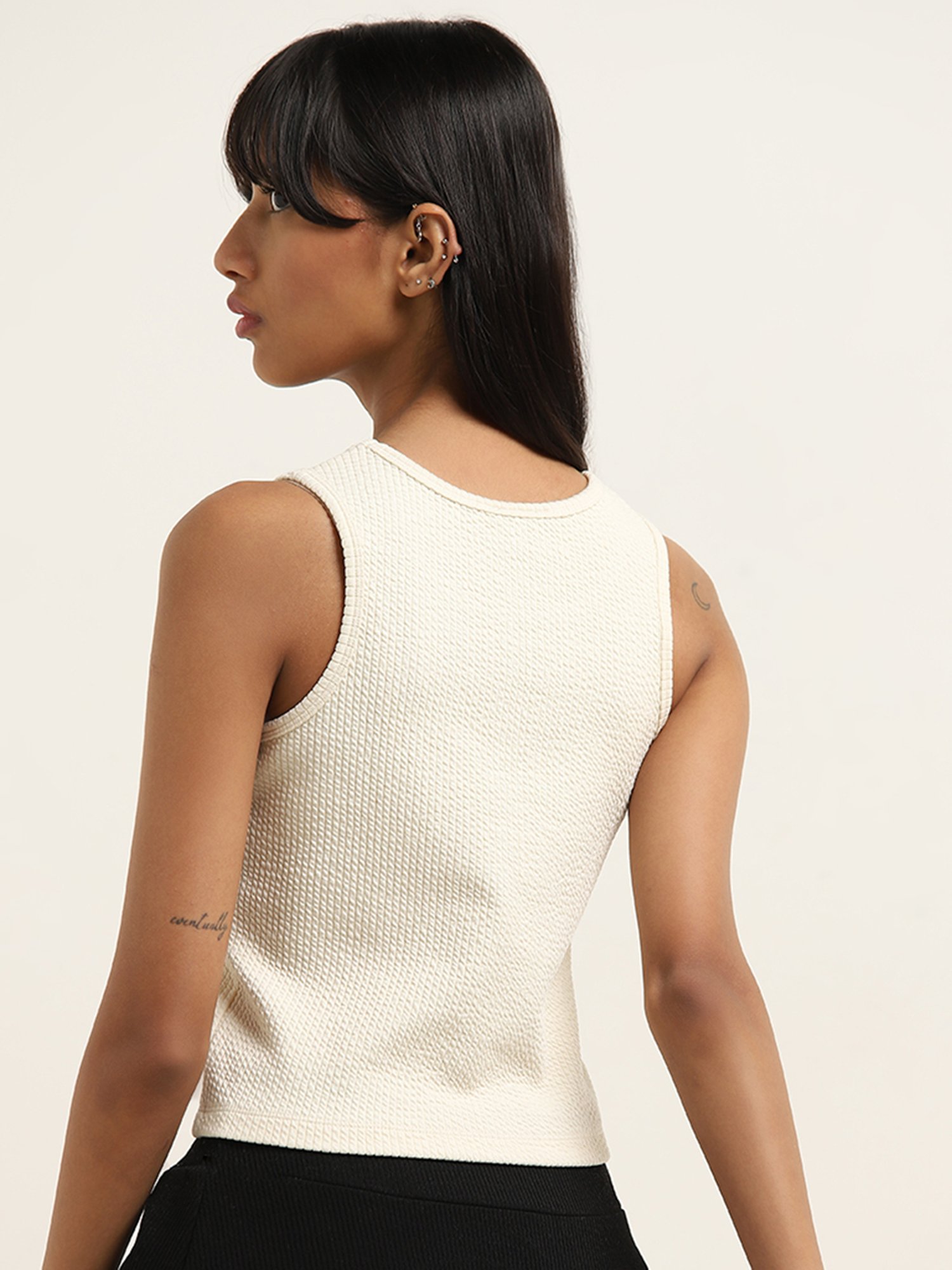 Studiofit by Westside Off-White Self-Textured Cotton Blend Tank Top