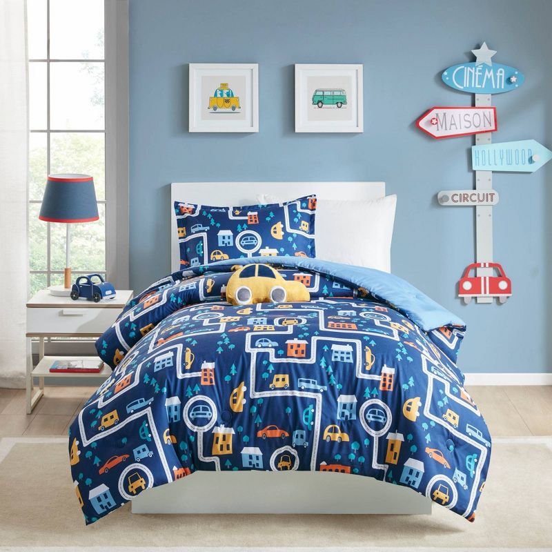 Full/Queen Ryan Traveling Cars Printed Comforter Set Navy