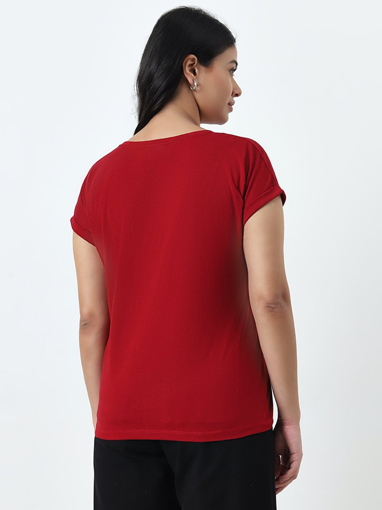 Gia by Westside Red Leaf Printed Cotton T-Shirt
