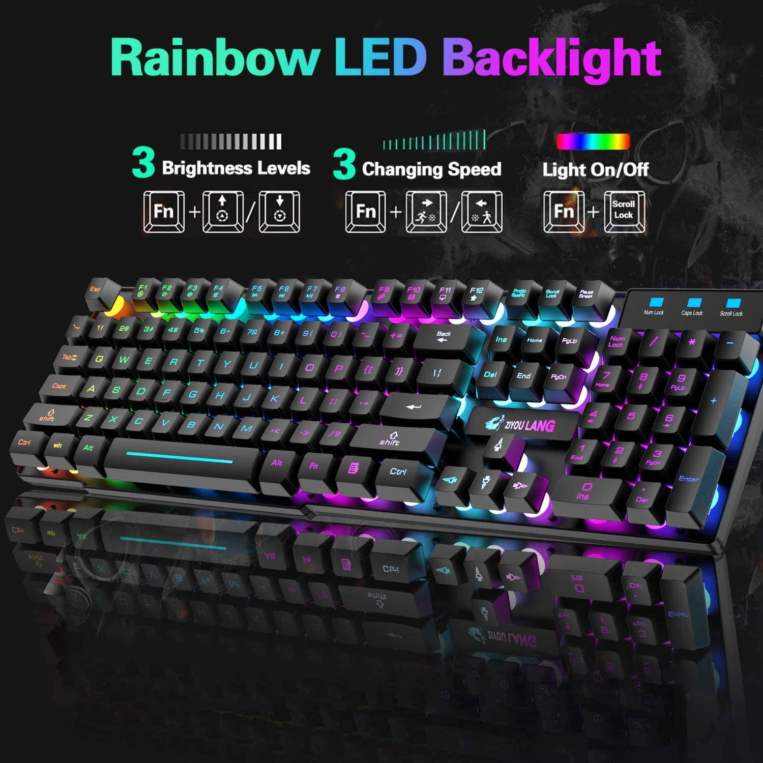 Rainbow backlit wireless keyboard and mouse set, rechargeable 4000mAh battery, mechanical ergonomic touch, waterproof and silent mouse, suitable for laptop, PC, home office