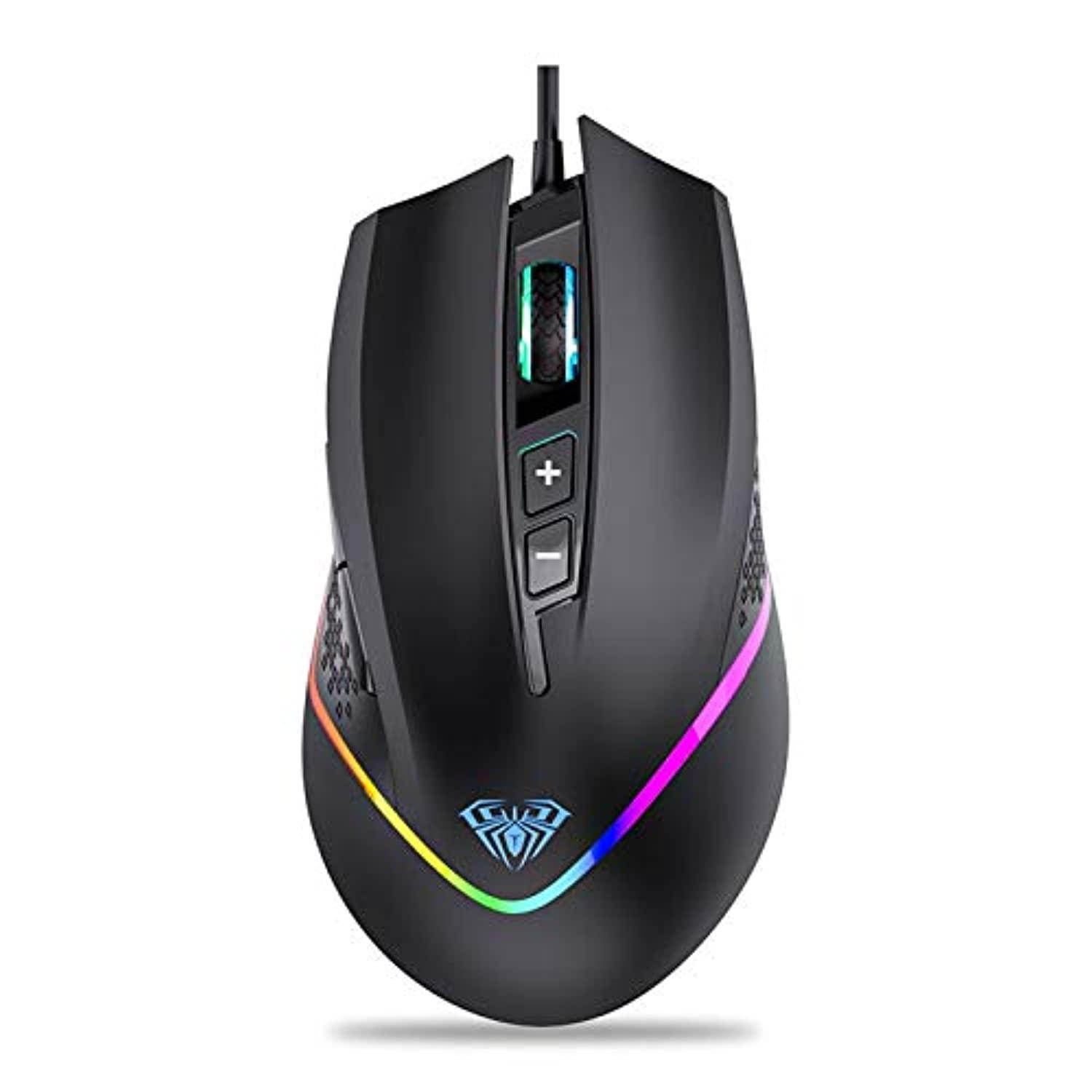 aula f805 rgb gaming mouse wired, with side buttons programmable, 6400 dpi adjustable, rgb led backlight, comfortable ergonomic